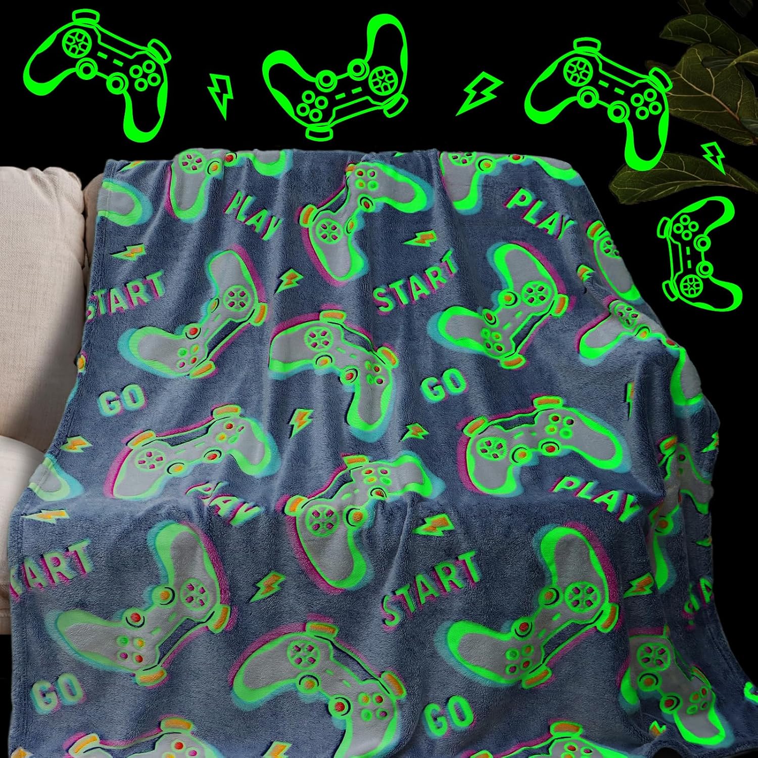 Obinsm Glow In The Dark Gaming Blanket front view showing luminous video game controller patterns.