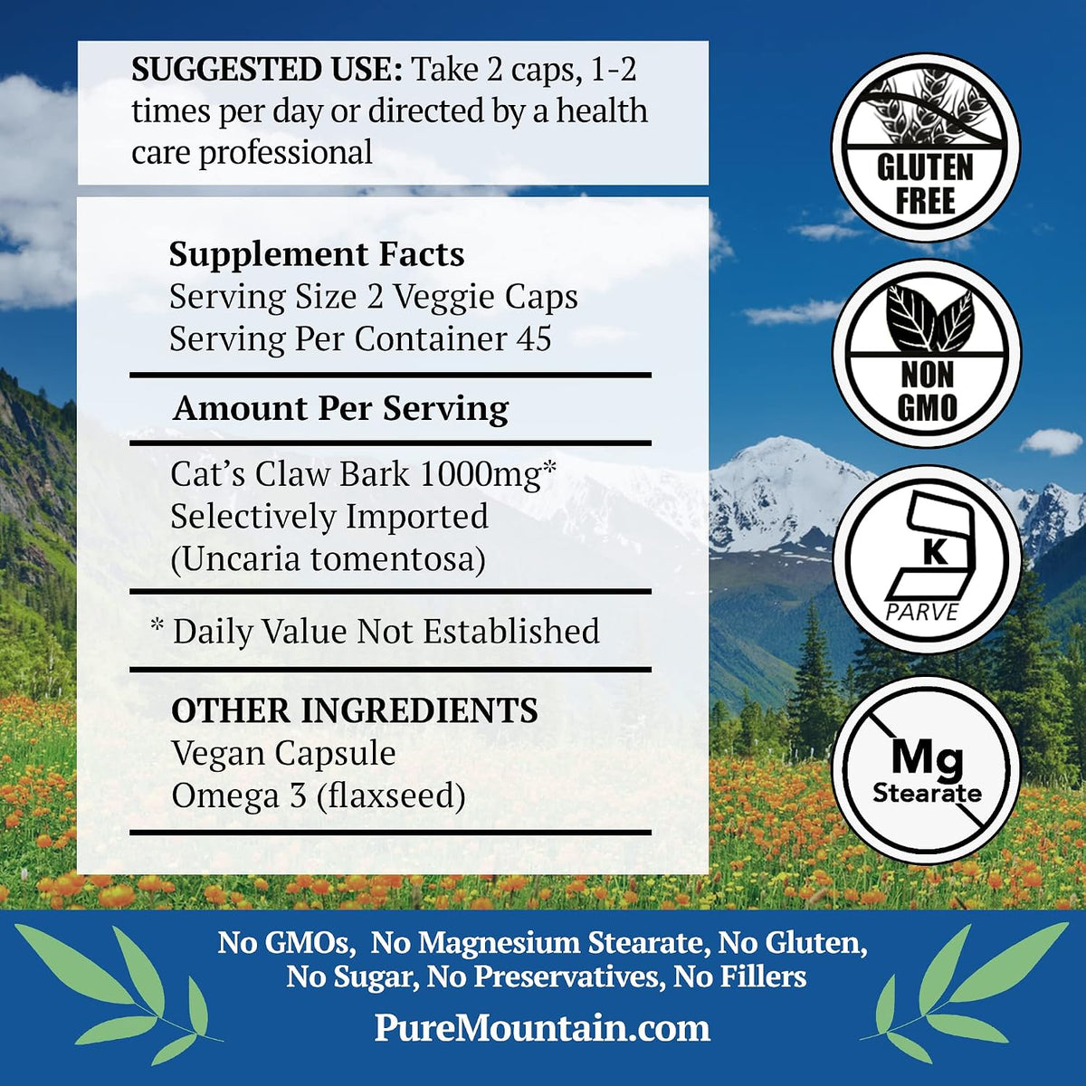 Pure Mountain Botanicals Cat's Claw 1000mg label details showing Peruvian bark herbal supplement specs