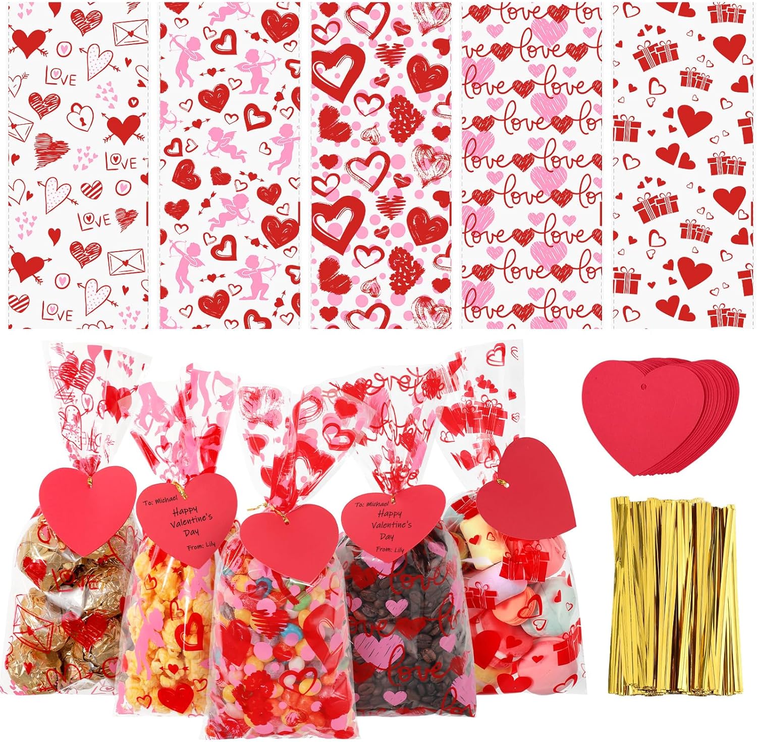 Geyee valentines cellophane treat bags front packaging view.
