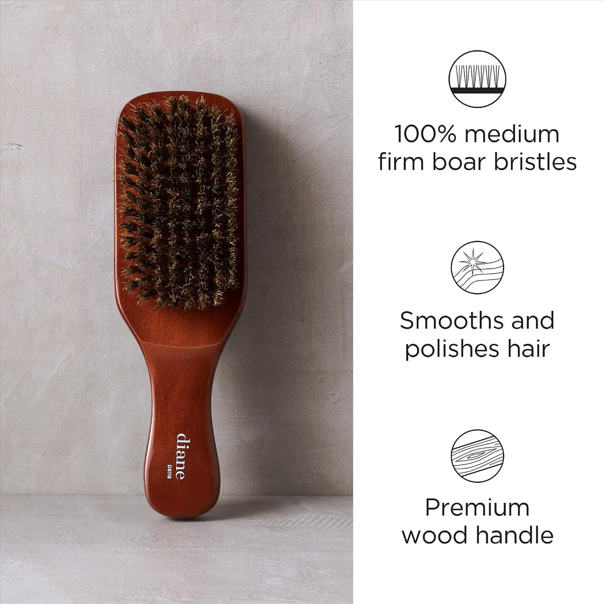 Diane Premium 100% Boar Bristle Club Wave Brush for Men, Wood Handle - Image 2