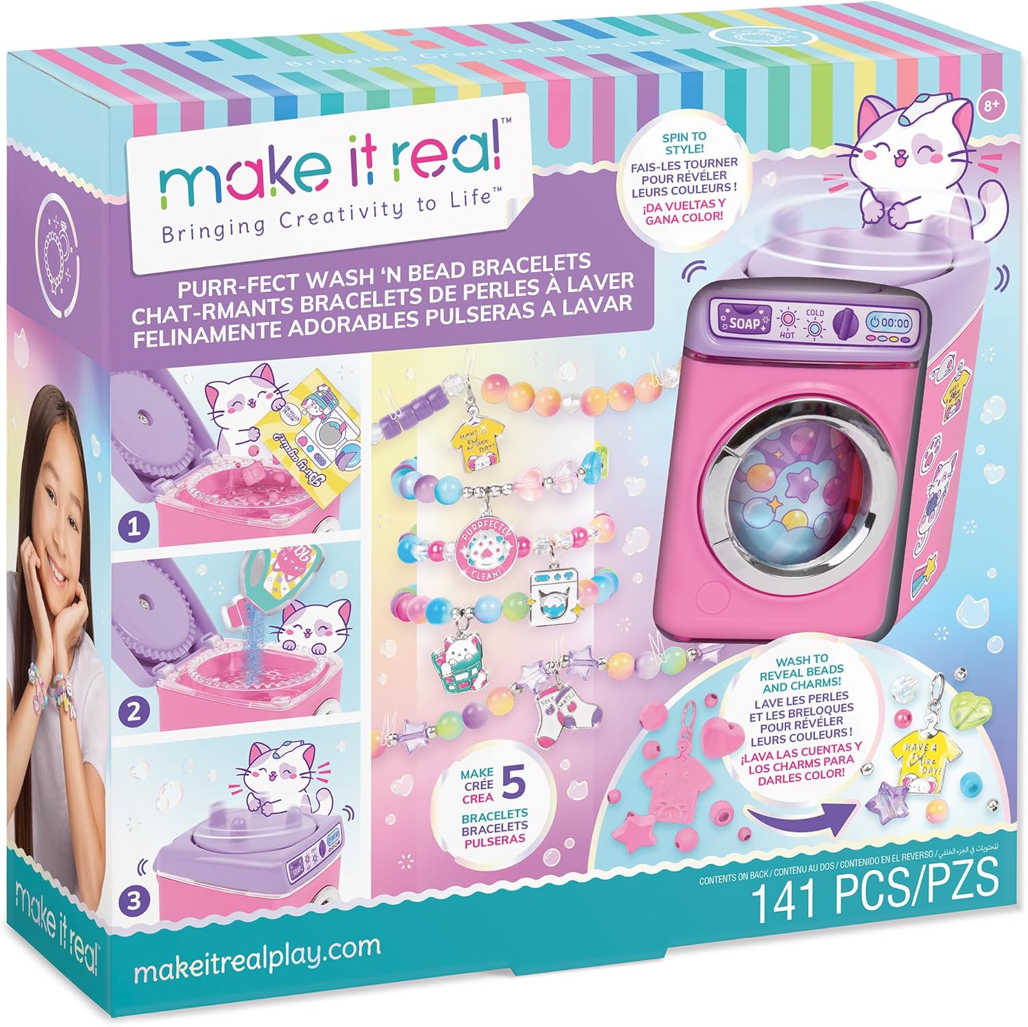 Make It Real Purr-FECT Wash N Bead Bracelets kit packaging front view showing the pink toy washing machine