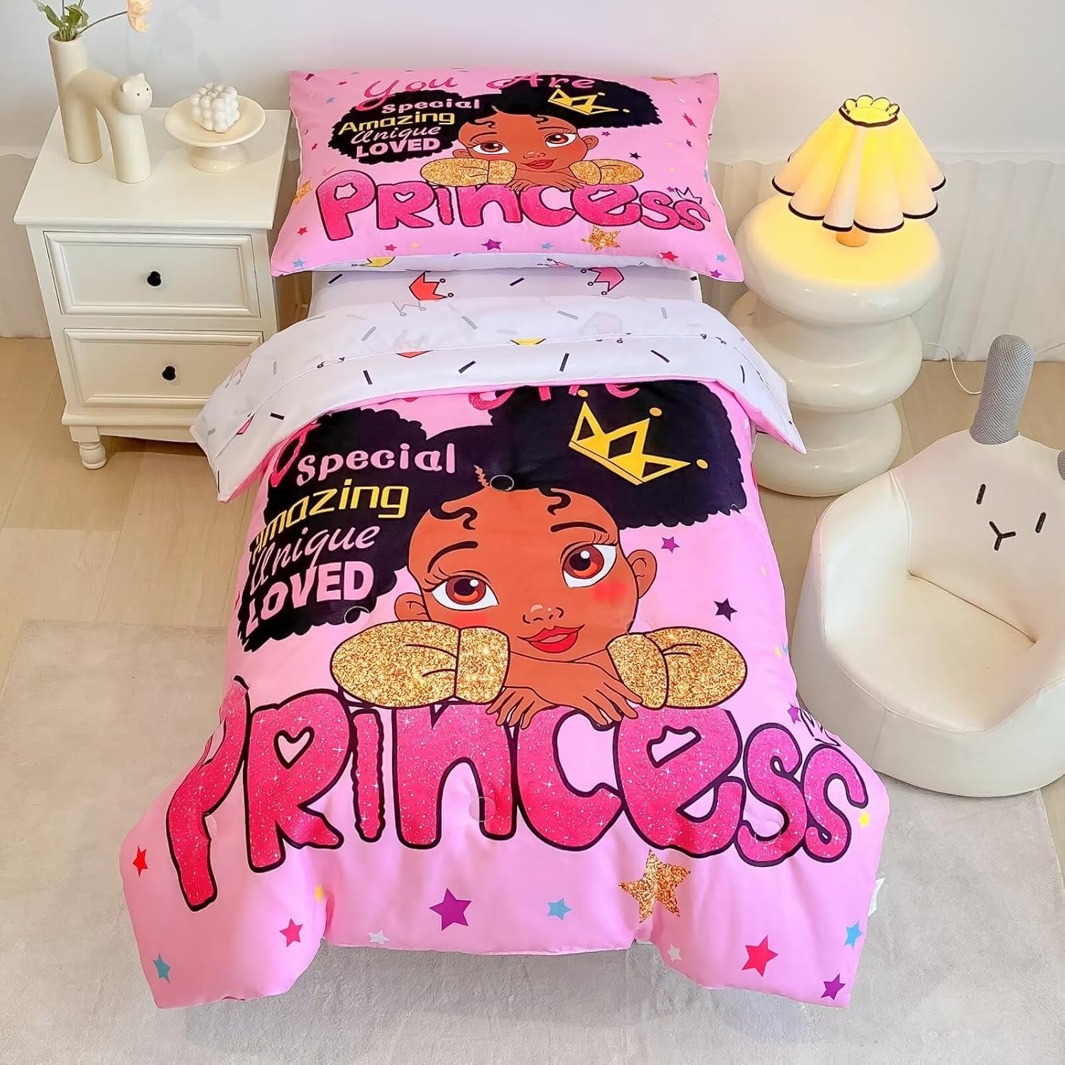 GRAT TIOC black girl magic toddler bedding set front view showcasing pink princess comforter