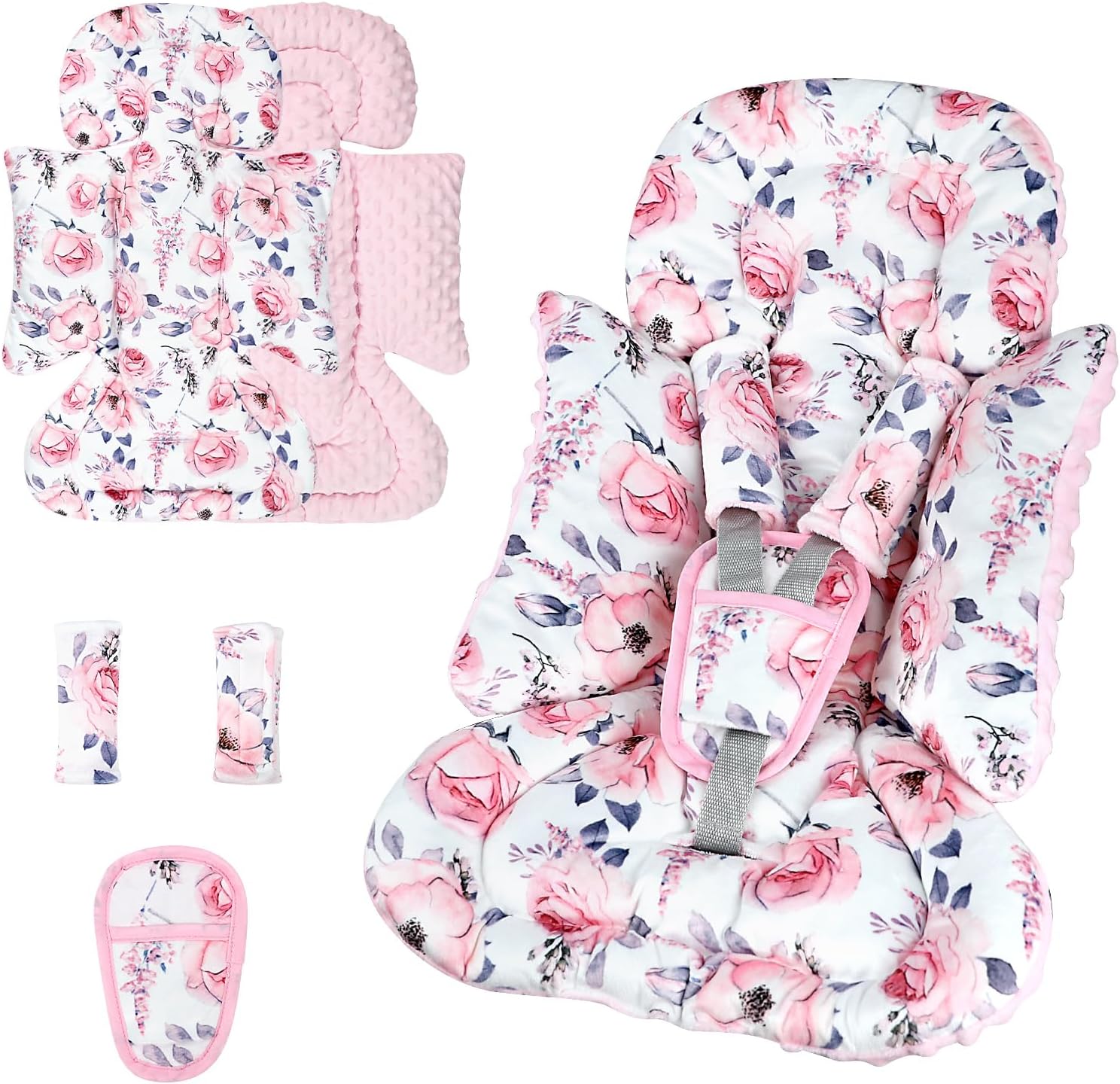 SWESEN infant car seat insert front view showing pink floral pattern and plush head support.