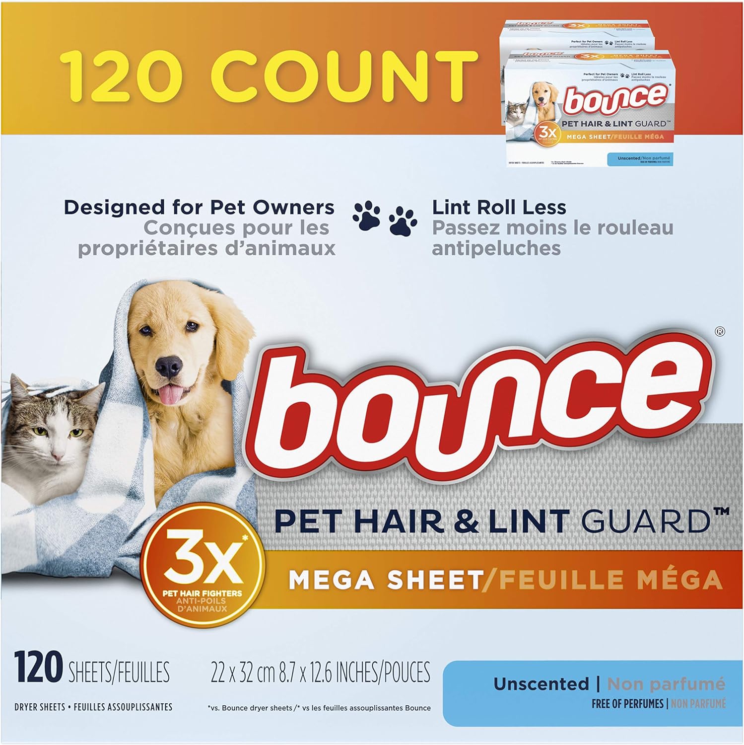 Bounce Pet Hair and Lint Guard Mega Dryer Sheets front packaging view