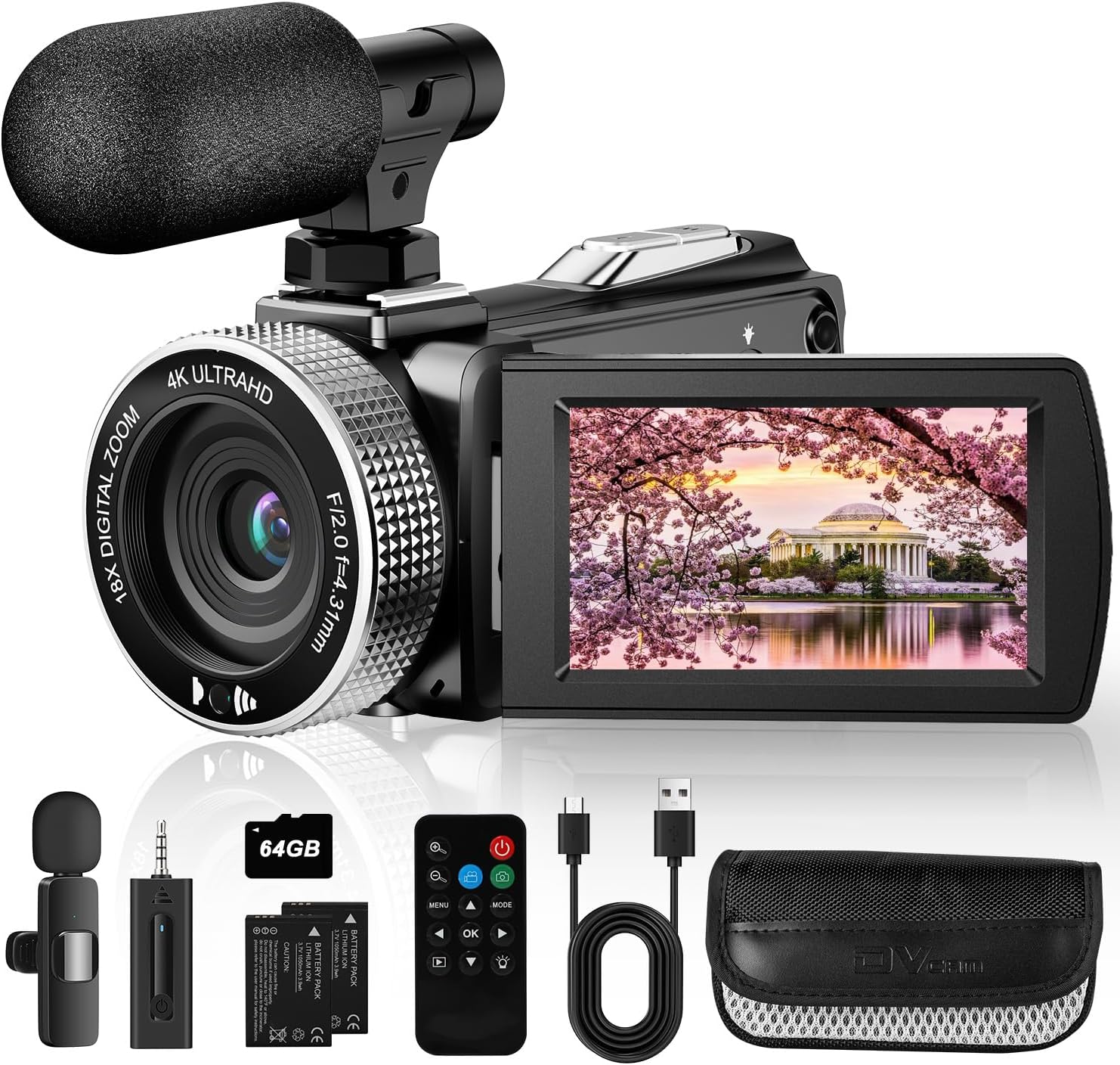 4K Ultra HD Video Camera Camcorder 48MP Digital Recorder with Wireless Lavalier Microphone for Vlogging YouTube Travel,18X Digital Zoom Camcorder with Remote, 32GB Card - Image 1