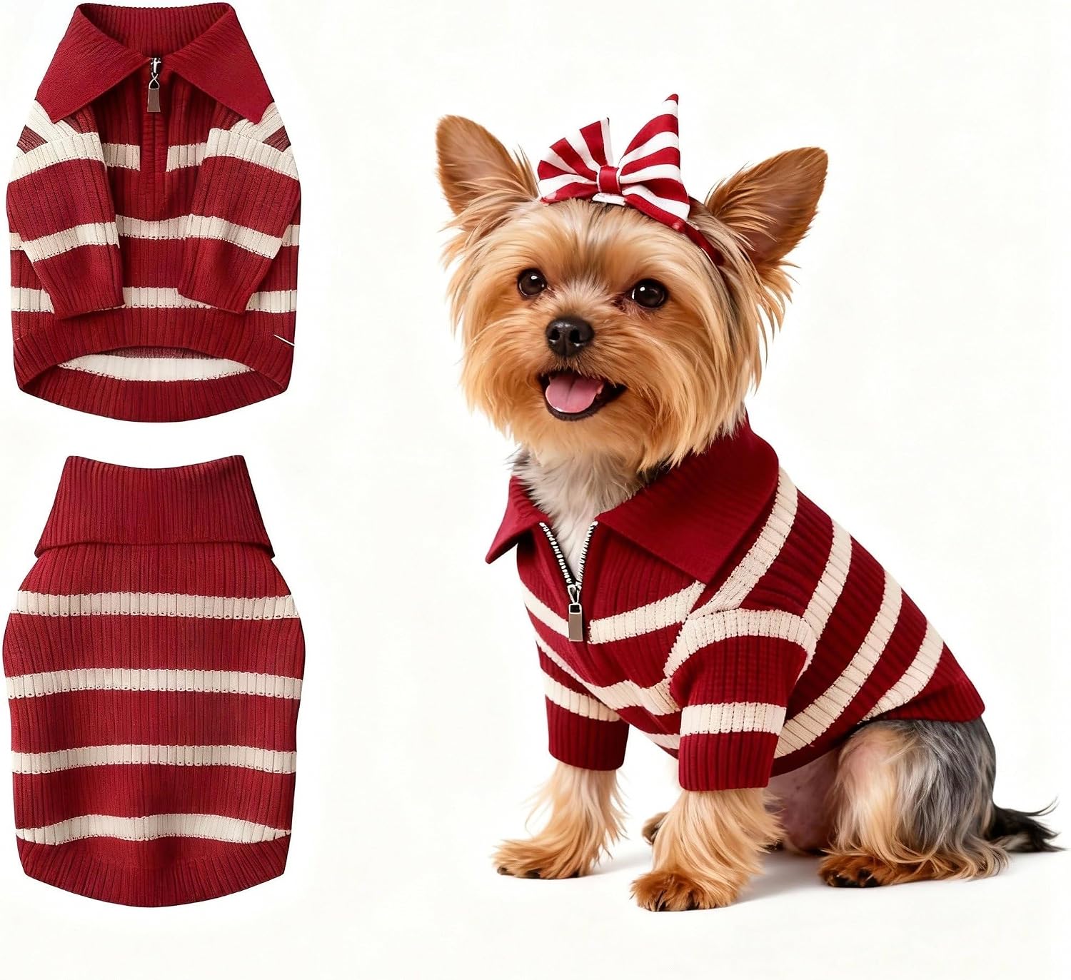 Hó Pêng-iú small dog sweater front view featuring red and white stripes with zipper collar