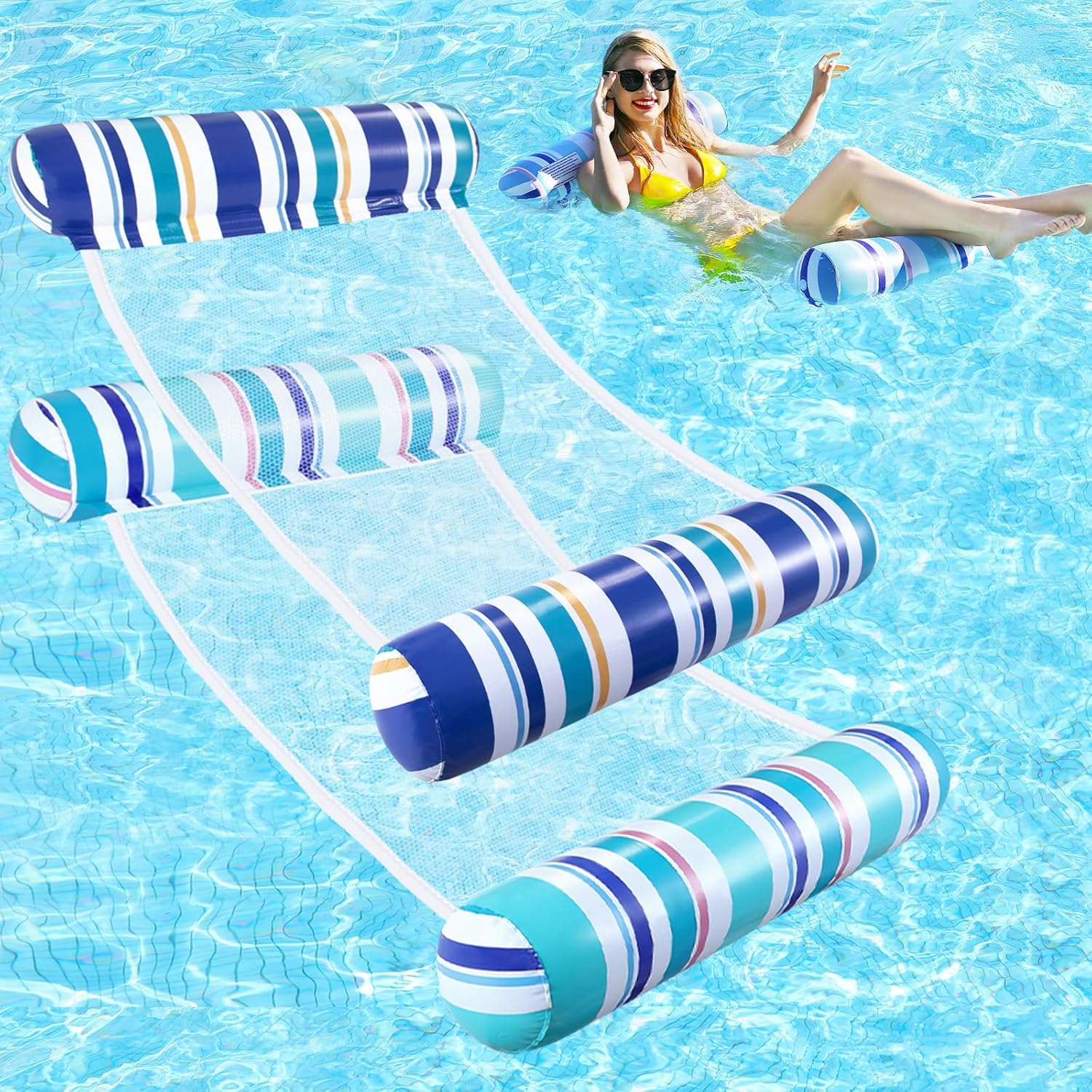 Clothirily 4-in-1 inflatable pool floats hammock 2 pack front view in blue stripes