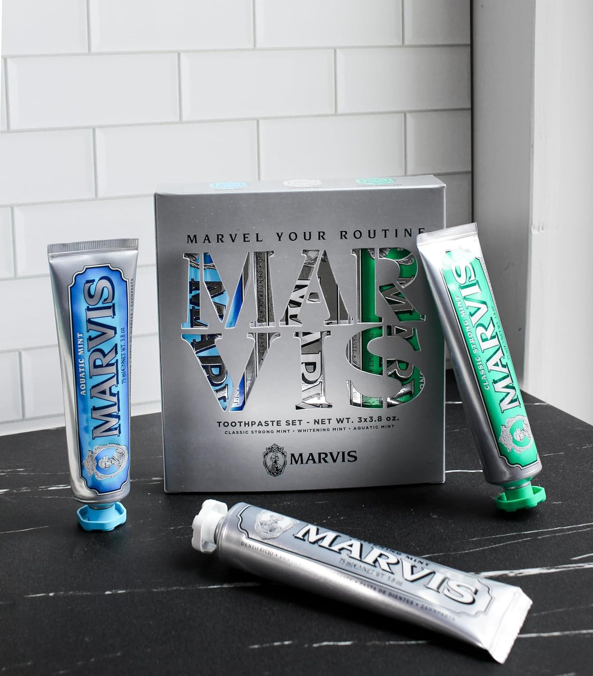 Luxury Italian toothpaste set featuring Classic Strong Mint, Whitening Mint, and Aquatic Mint.
