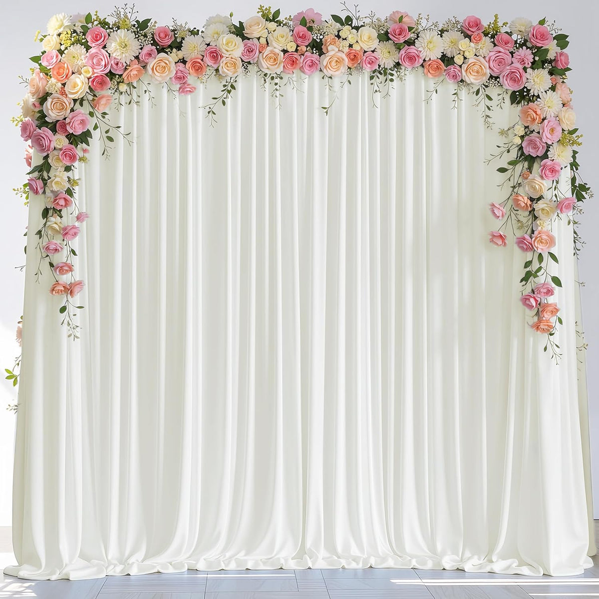 Wokceer Ivory Backdrop Curtain front view draped elegantly for a wedding ceremony stage background