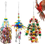 Heavy duty pet bird habitat decoration featuring multiple vibrant wooden shapes and cotton knots