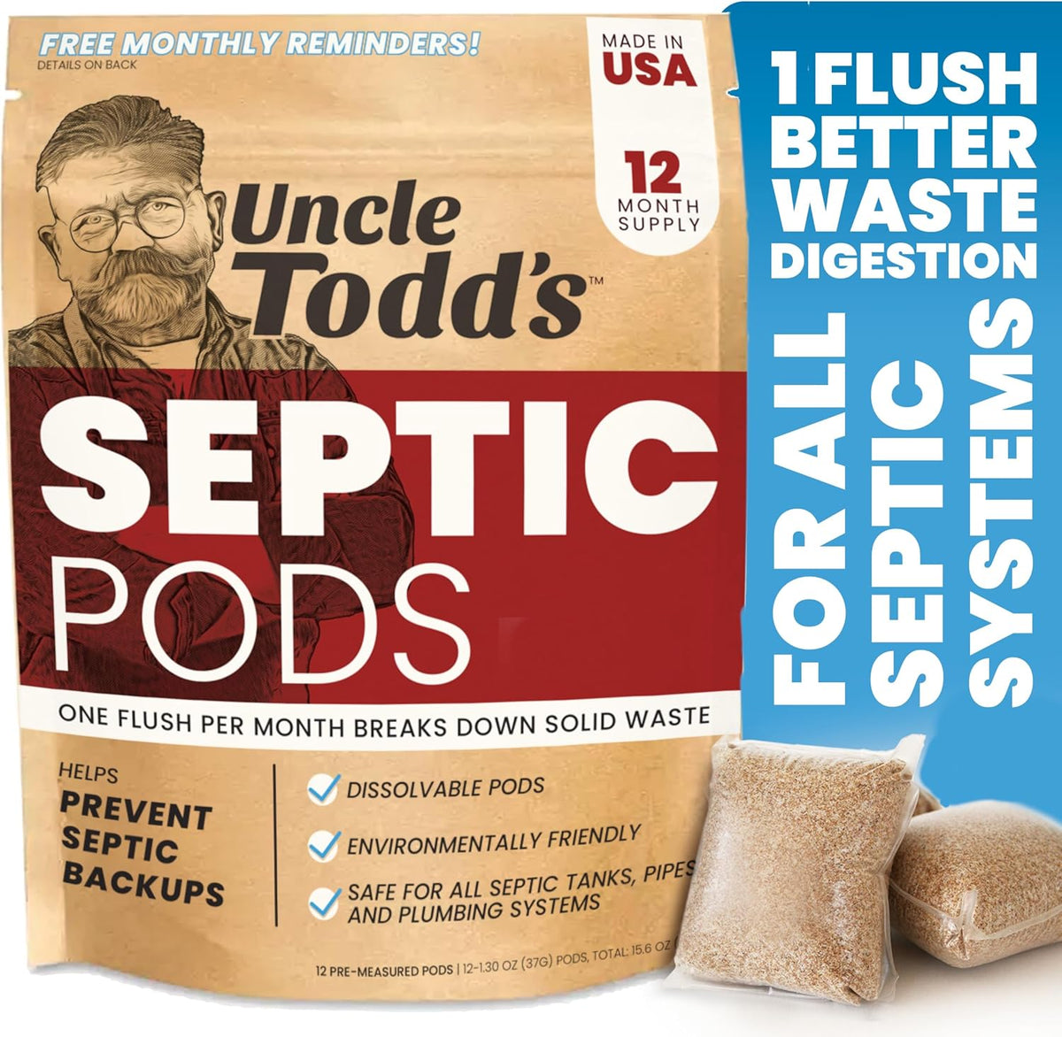 Uncle Todd's Septic Tank Treatment Pods front view packaging showing twelve month supply text