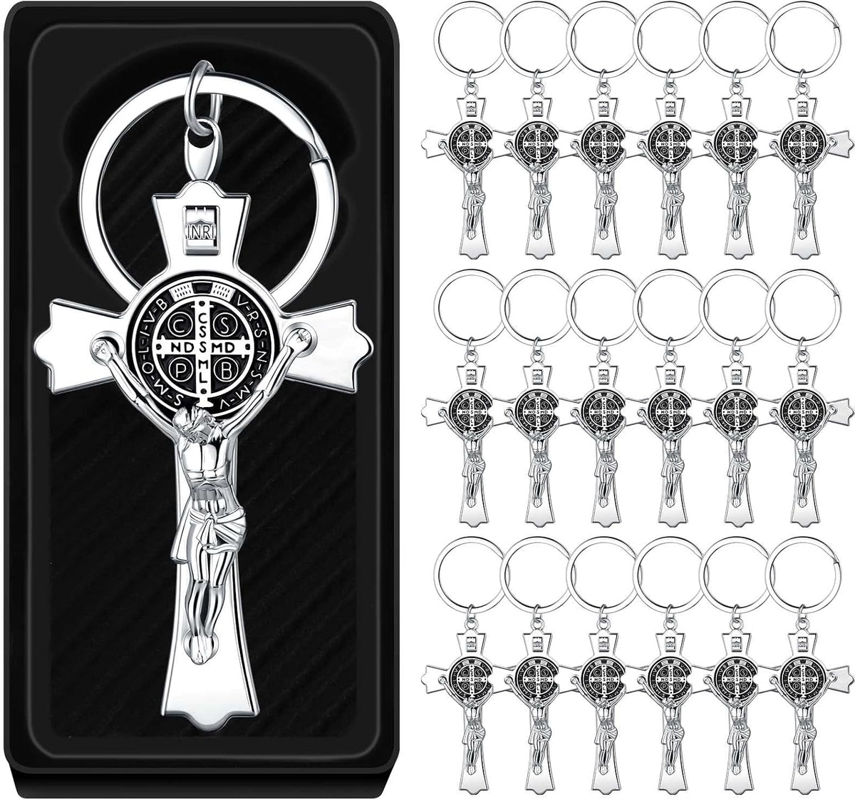 Junkin Saint Benedict Crucifix Keychain front view showing detailed metal cross.