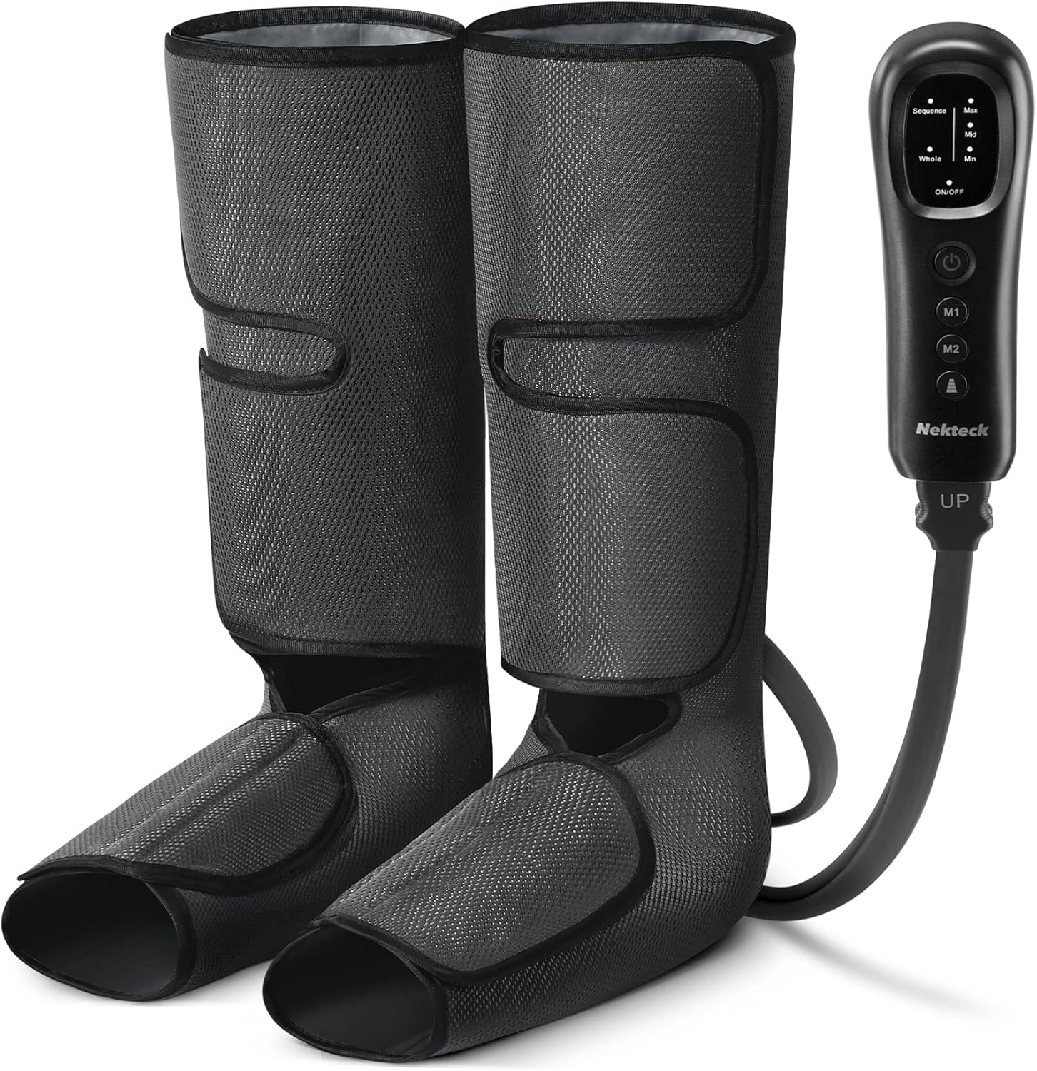 Nekteck Leg Compression Massager front view showing the dark grey fabric wraps and attached handheld controller.