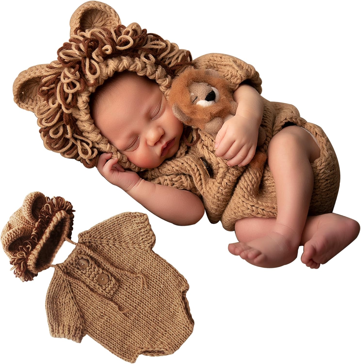 M&G House Newborn Photography Props Lion Costume front view of knitted baby romper