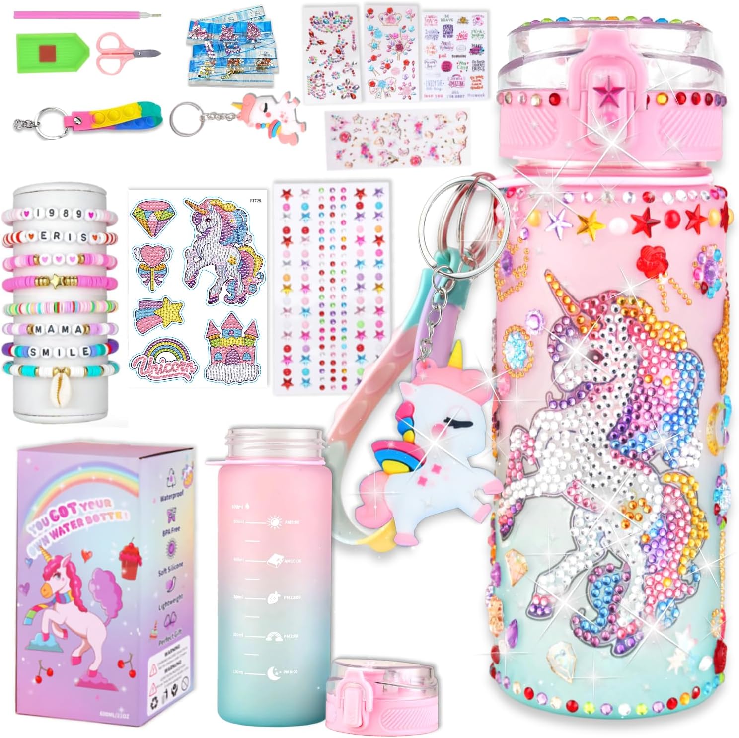 Sanilinwild Decorate Your Own Water Bottle Kit front view of the iridescent mermaid theme packaging and 600 milliliters bottle.