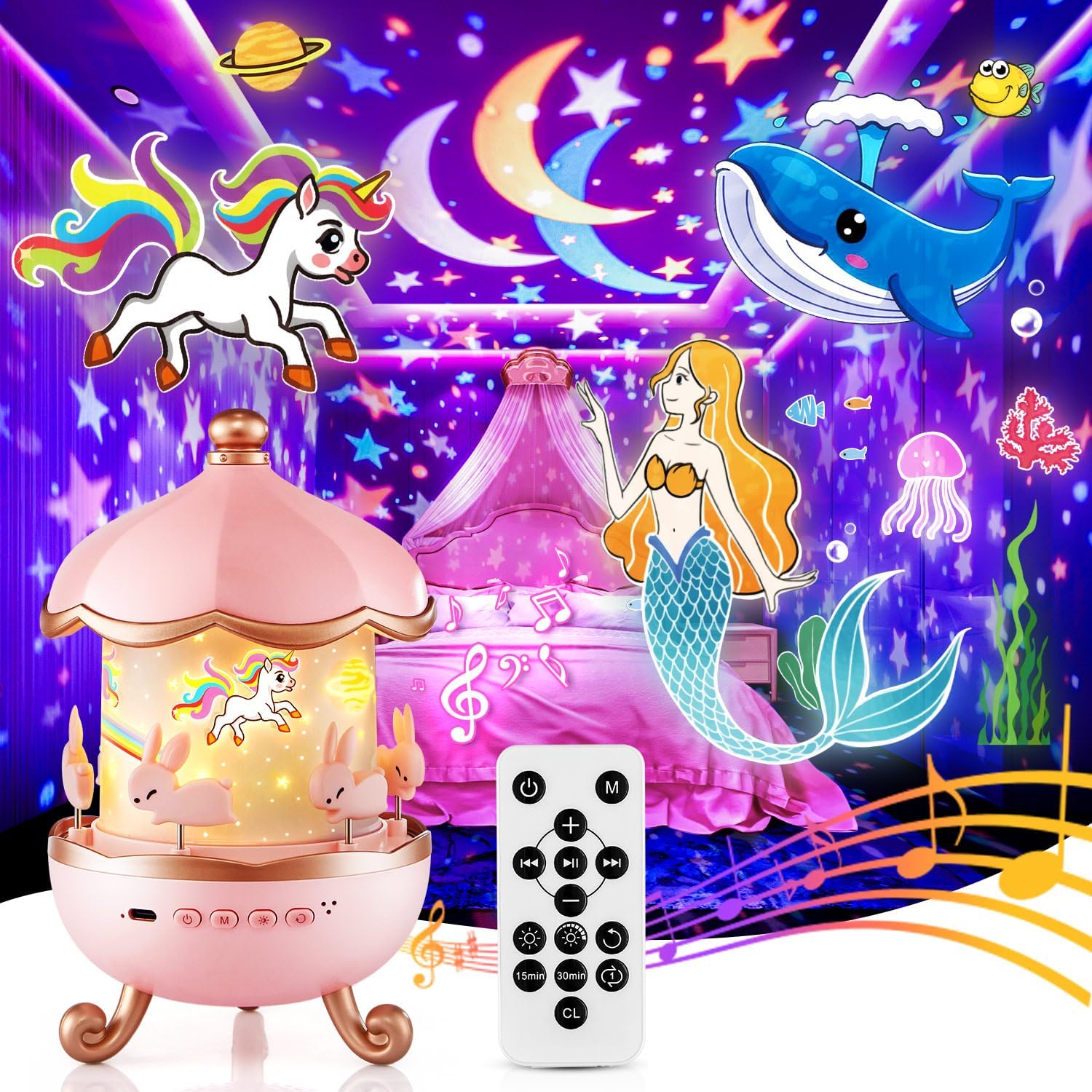 One Fire Night Light Projector for Kids,315 Lighting+15 Films+15 Music Sound Machine Baby, 360°Rotate+Remote+Dimmable Ceiling Star Projector for Kids Room Decor,Unicorn Toys Birthday Gifts for Girls - Image 1