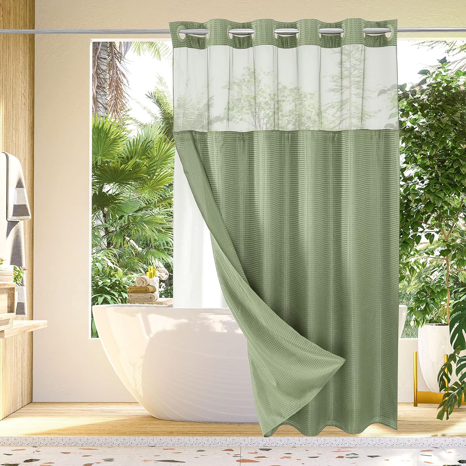 Gibelle no hook waffle weave shower curtain front view in modern bathroom.