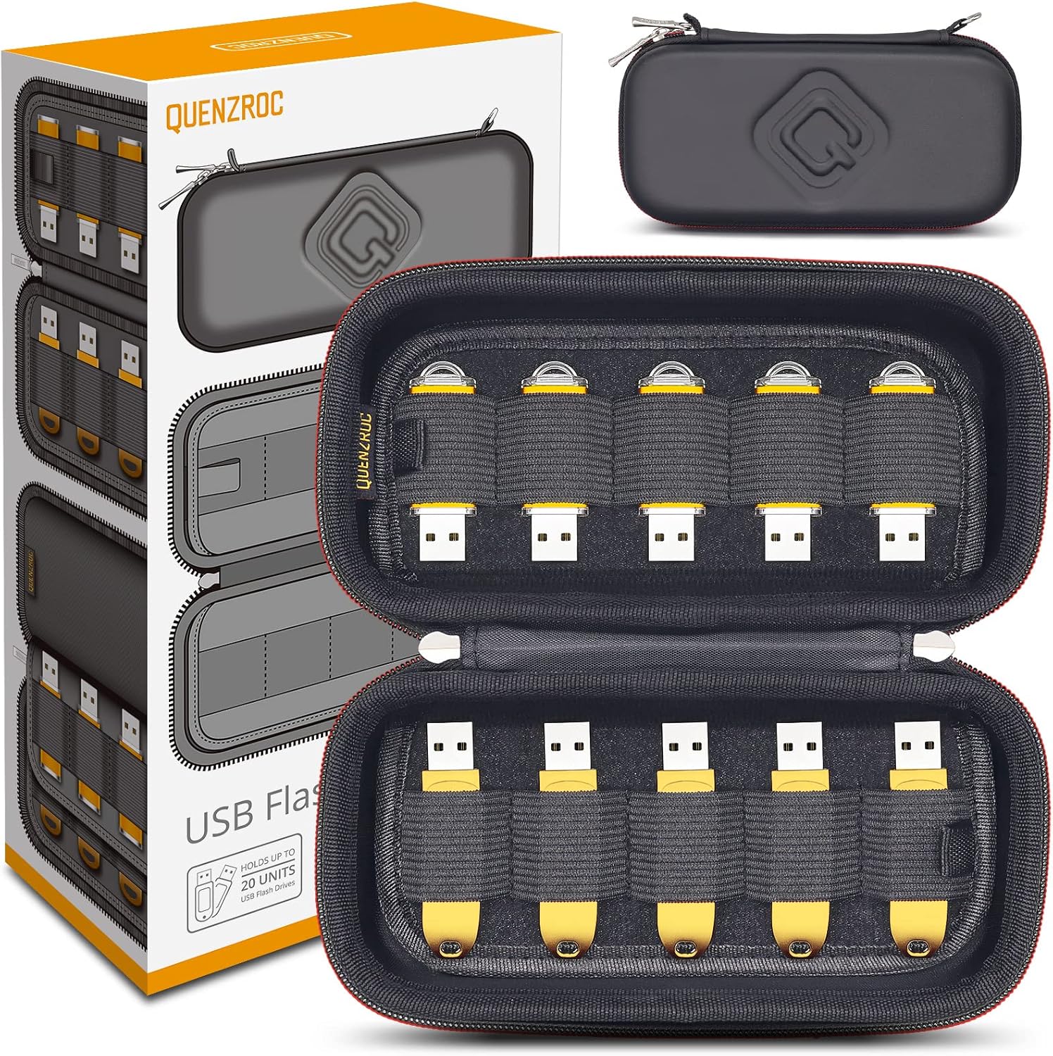 QUENZROC USB flash drive case organizer front view in black leather finish.