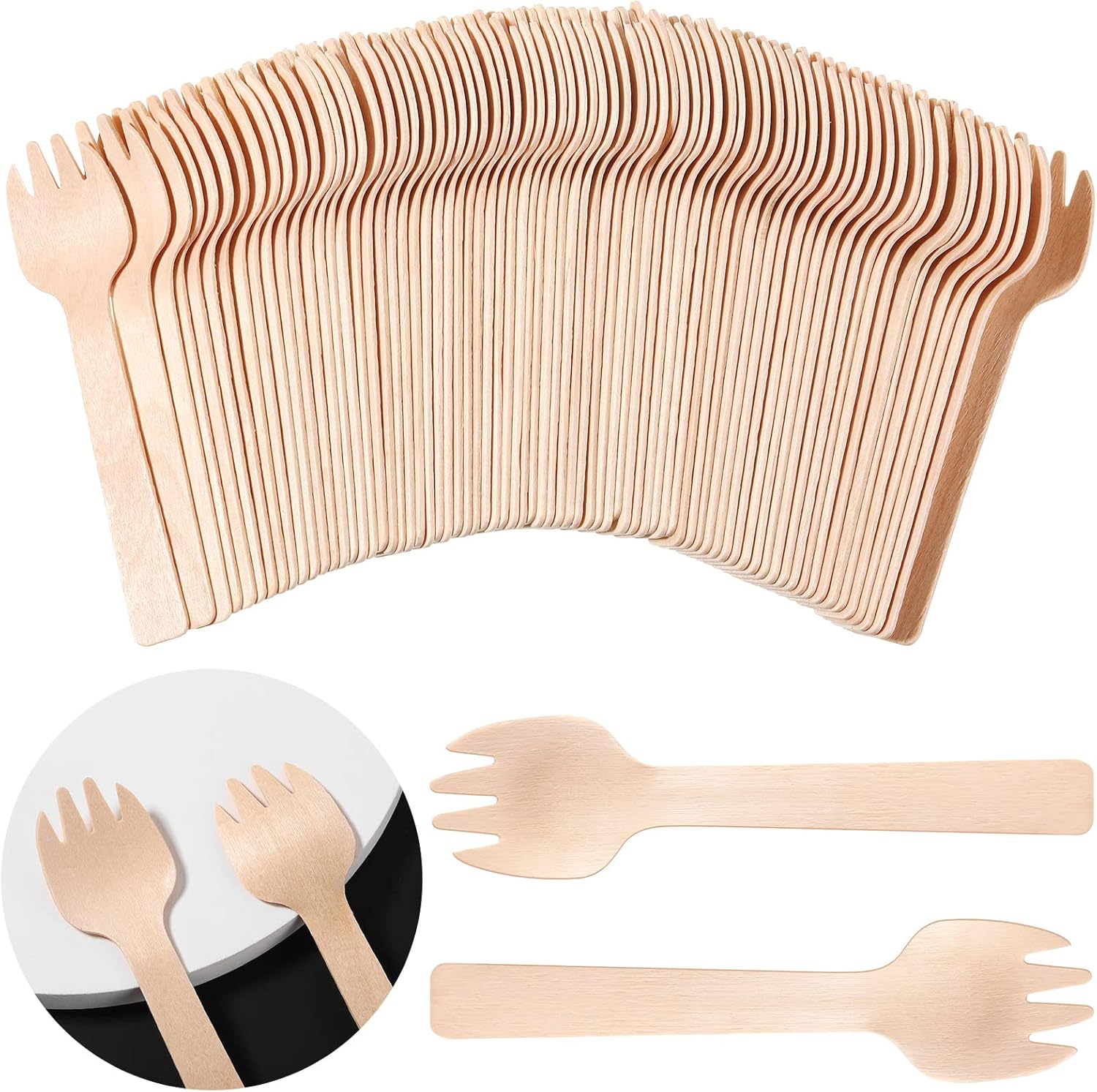 Honoson mini disposable wooden sporks front view pack of 300 pieces.