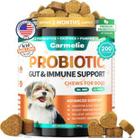 Carmelie Probiotics for Dogs front view chicken flavor soft chews jar for pet digestive health.