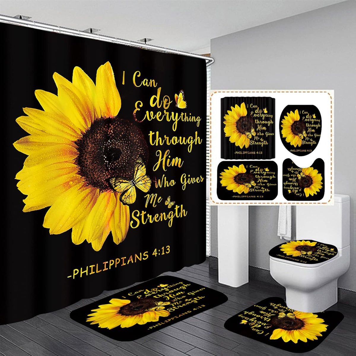 AZHM sunflower shower curtain set front view showcasing the full four piece bathroom set installation