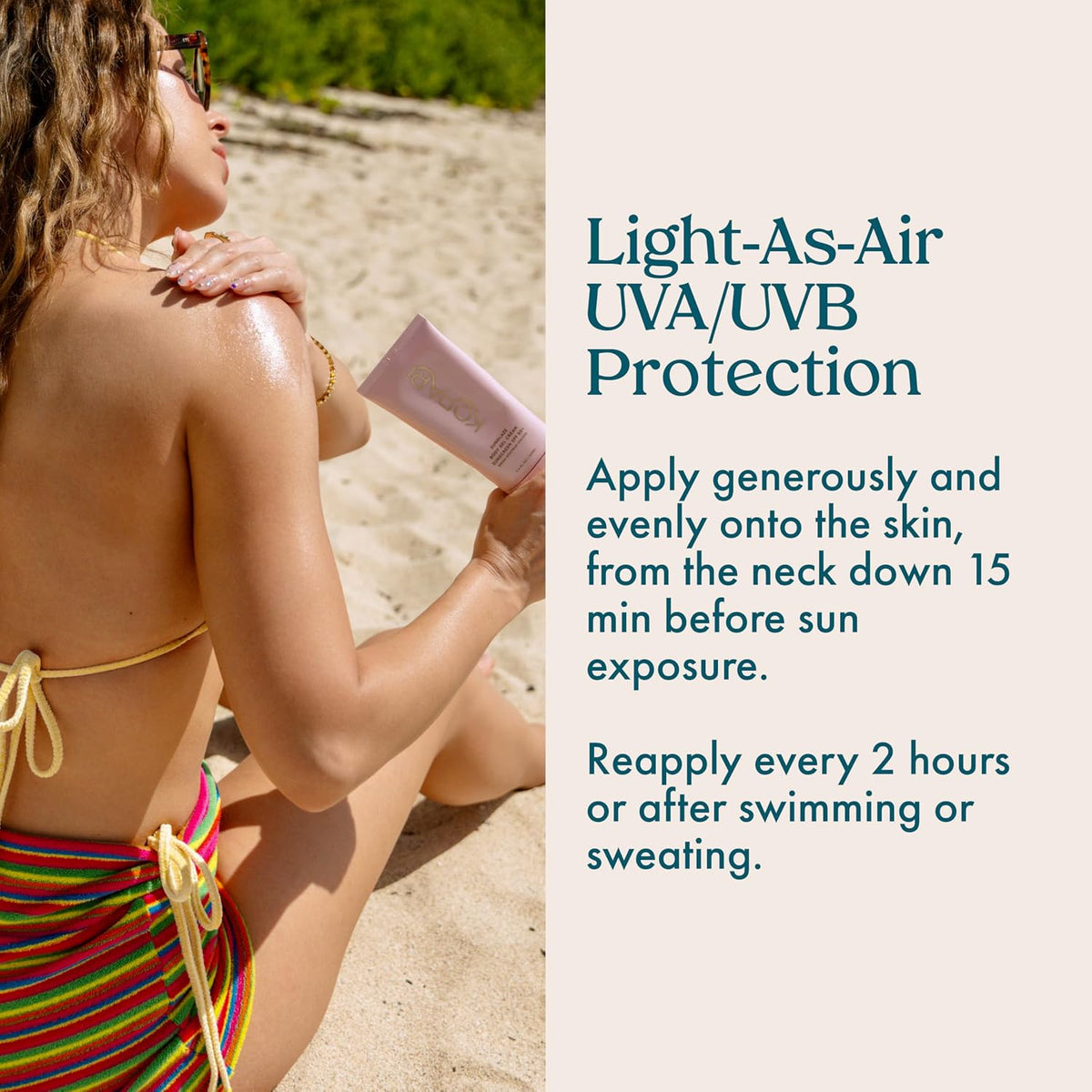 Kopari SPF 50 sunscreen tube next to texture dispersion