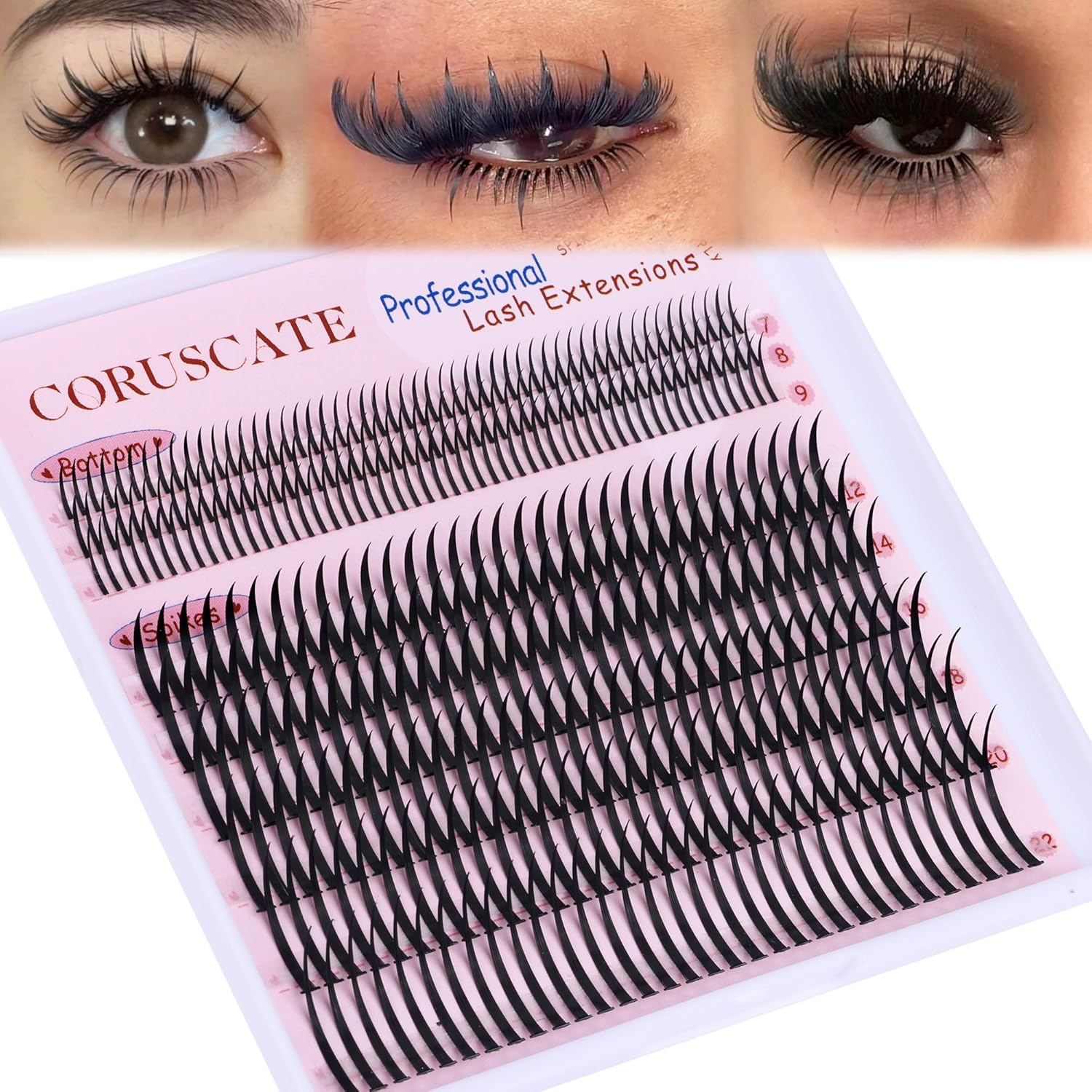 Coruscate lash clusters with spikes tray packaging front view showcasing premium synthetic hair individual extensions.