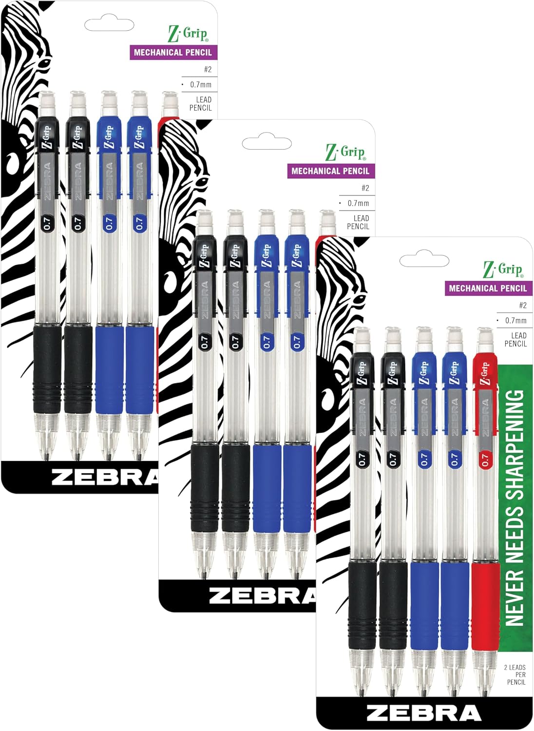 Zebra Pen Z-Grip Mechanical Pencil, 0.7mm #2, Assorted Grip Barrels, 5-Pack | Latex-Free Grip, Smooth Writing, Comes Pre-Loaded with Lead and Eraser, Refillable, Ideal for School Supplies (52405) - Image 10