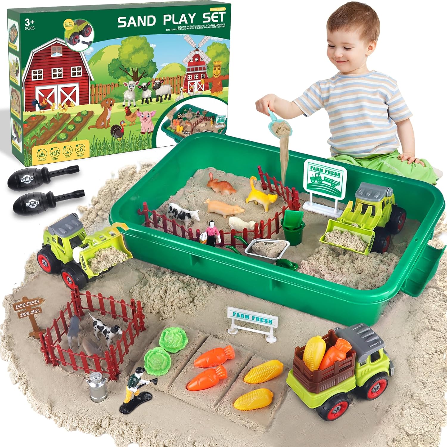 Aliex Farm Sensory Bin front view showing the green storage container filled with magic sand and farm animals.