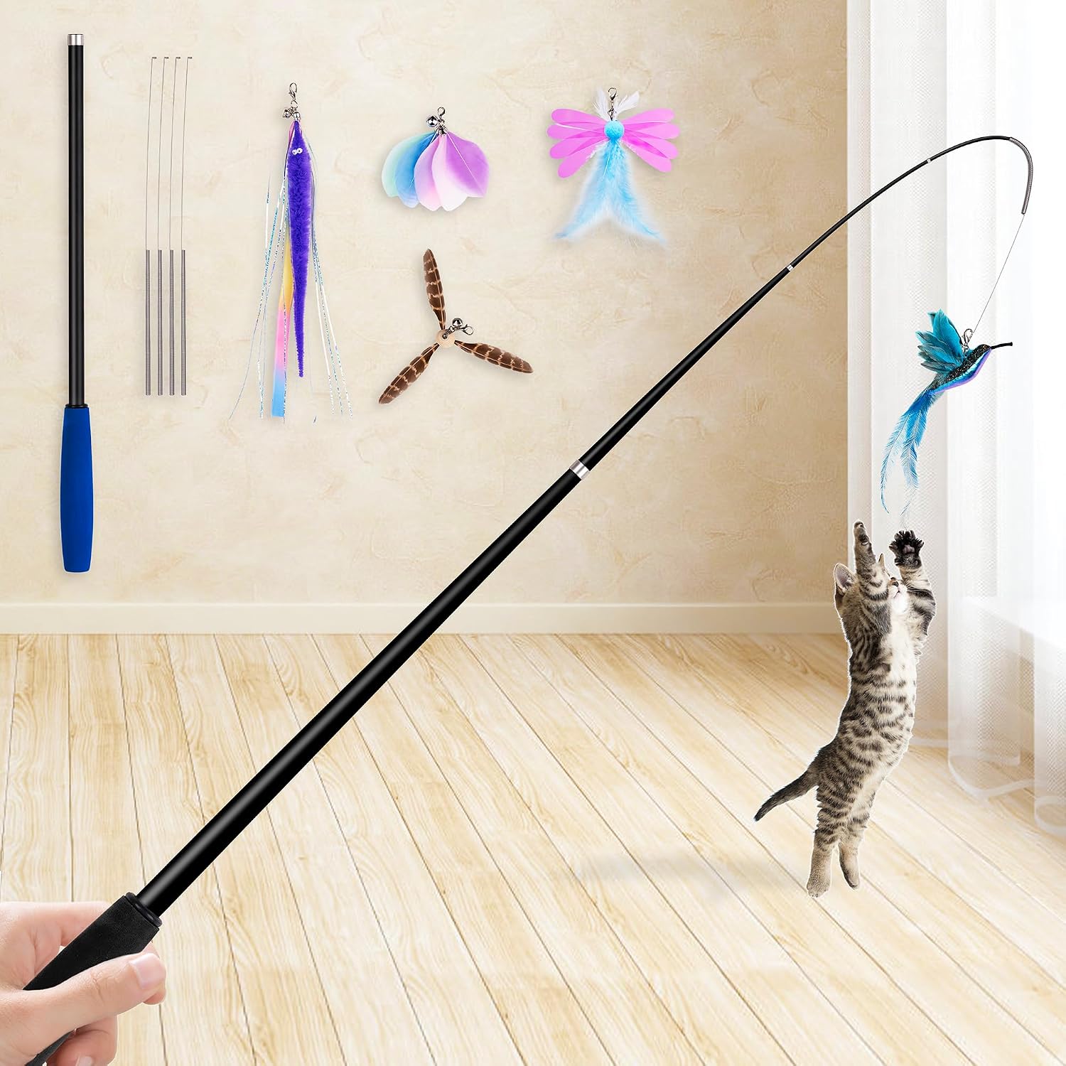 JXFUKAL spring cat wand toy front view showing the telescopic rod and feather refills
