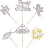 Assorted religious motifs including angel and dove cupcake decorations