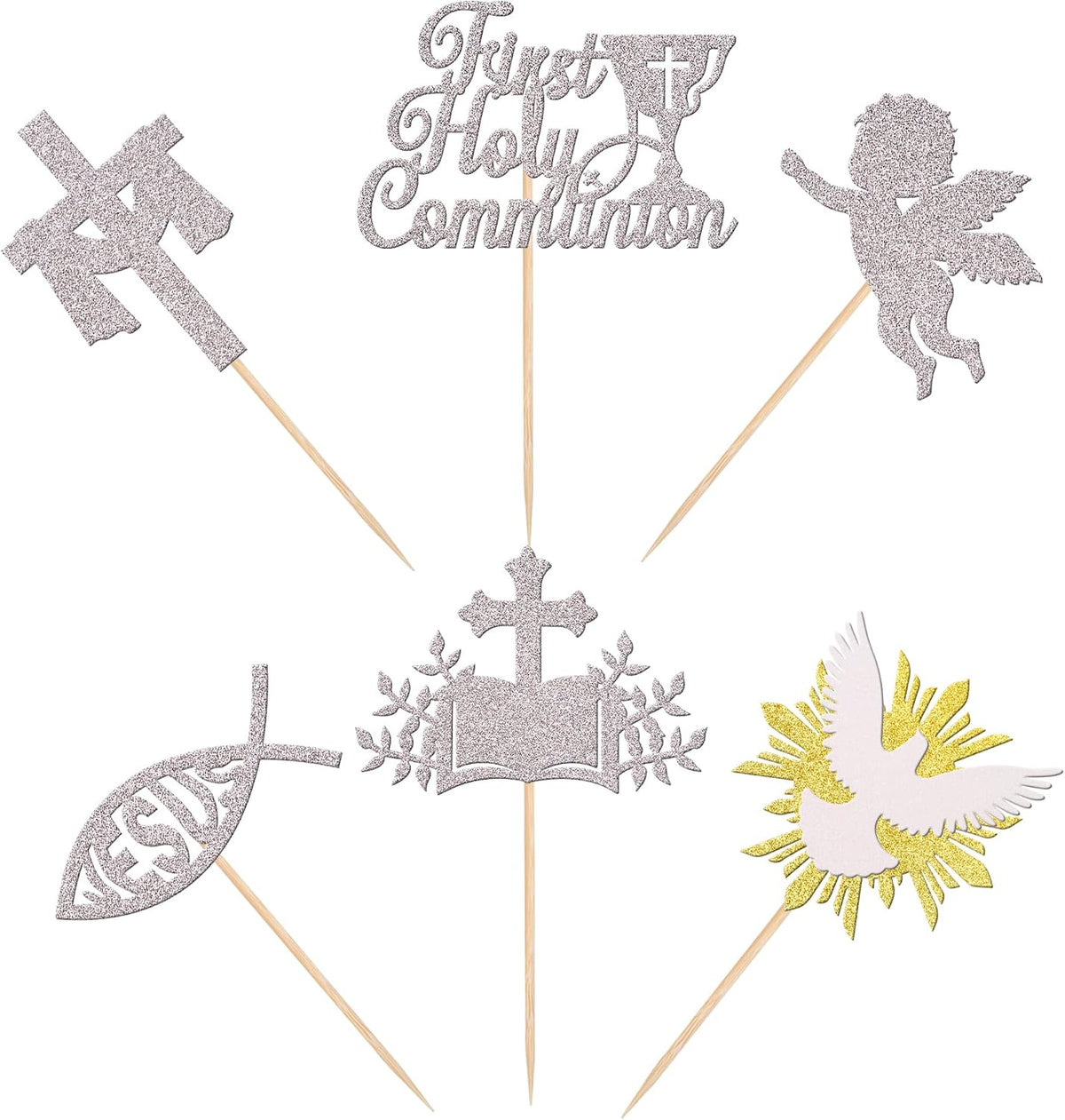 Assorted religious motifs including angel and dove cupcake decorations