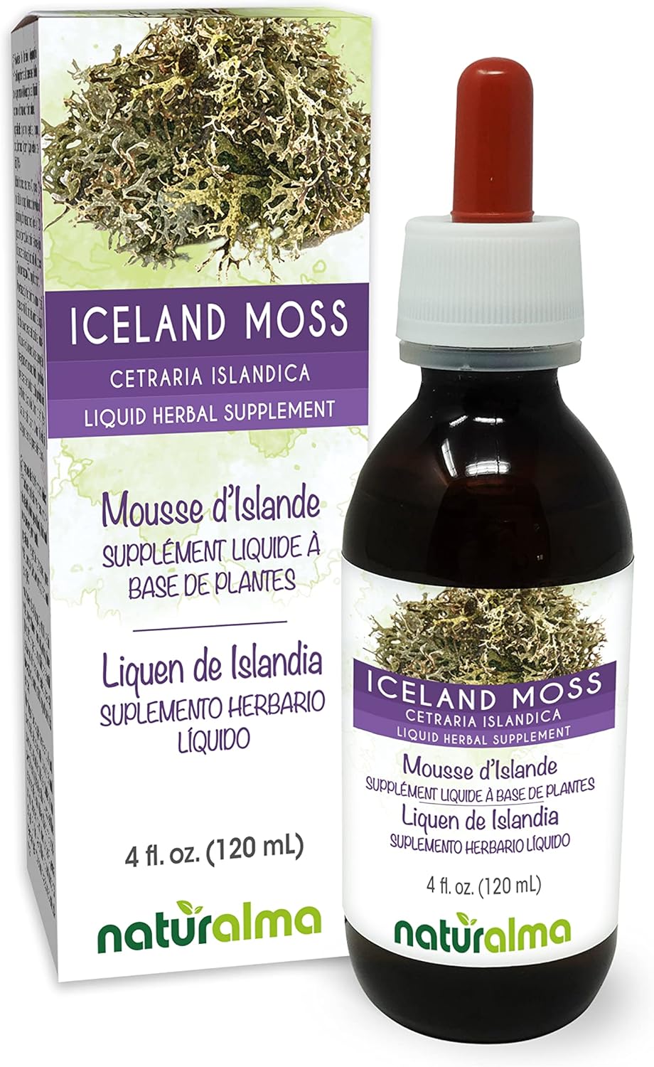 Naturalma Iceland Moss (Cetraria islandica) Thallus (Lichen) Alcohol-Free Tincture - 4 fl oz Liquid Extract in Drops - Herbal Supplement - Vegan - Image 1