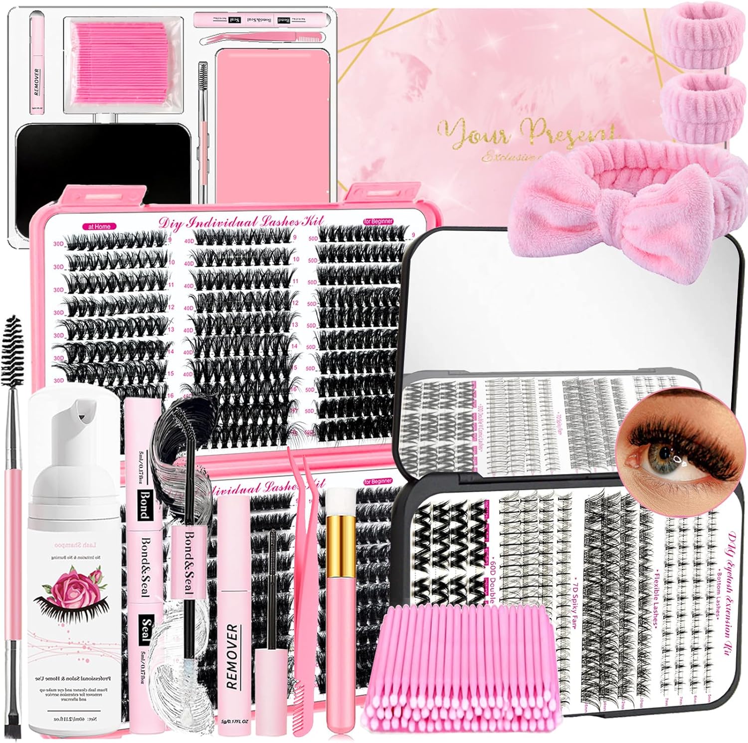 DIY Lash Extension Kit 802Pcs with Bottom Lashes Lash Bond and Seal,Quick Glue Remover Lash Shampoo Cleansing Brush Headband Wristband Tweezers Eyelash Brush Mini Applicato - Image 1