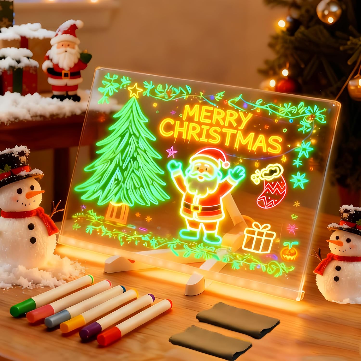Generic LED Note Board with Colors front view showing glowing holiday doodles on table
