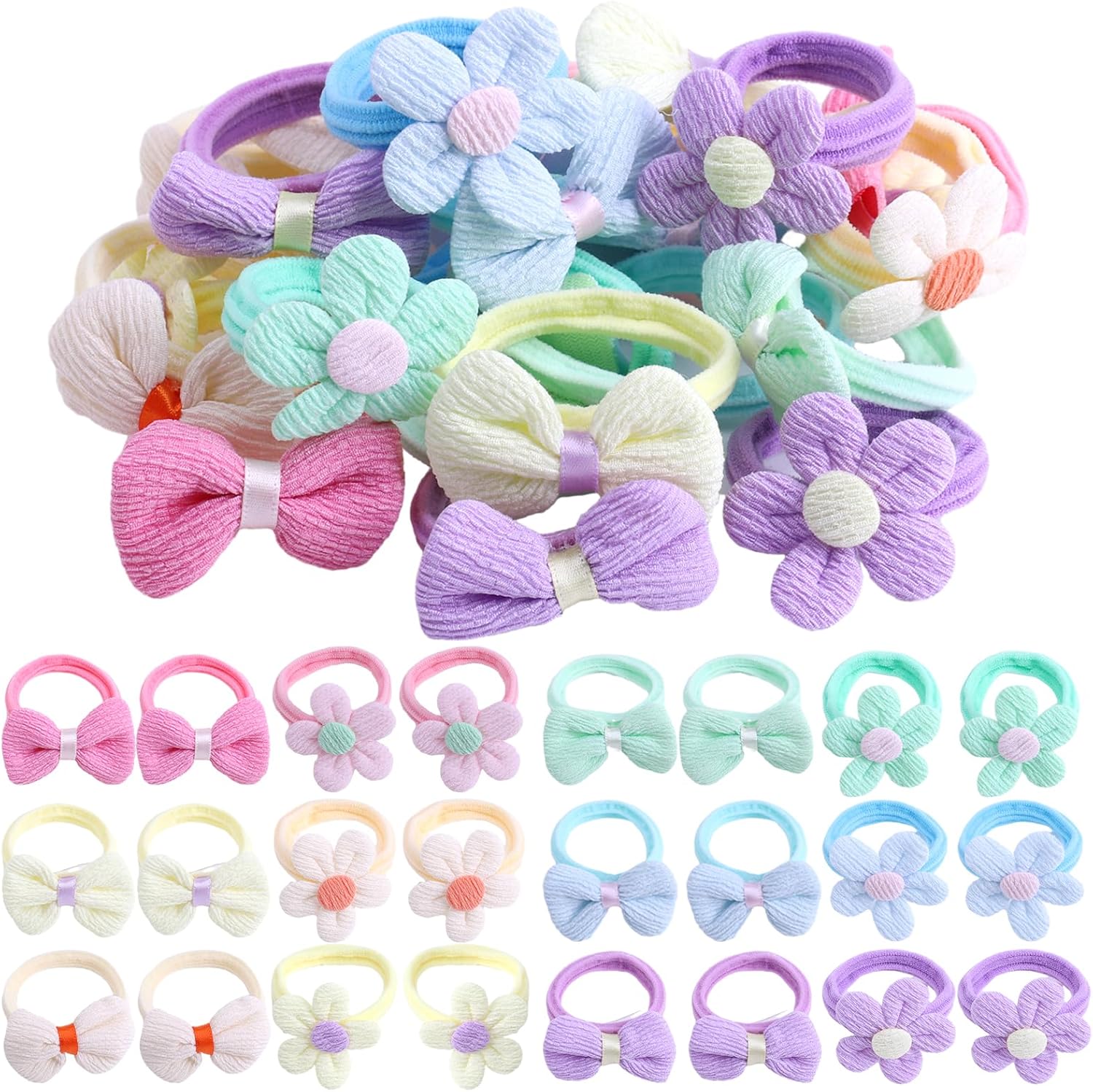 BendJoy 24 pieces toddler hair ties with colorful flower designs front view.