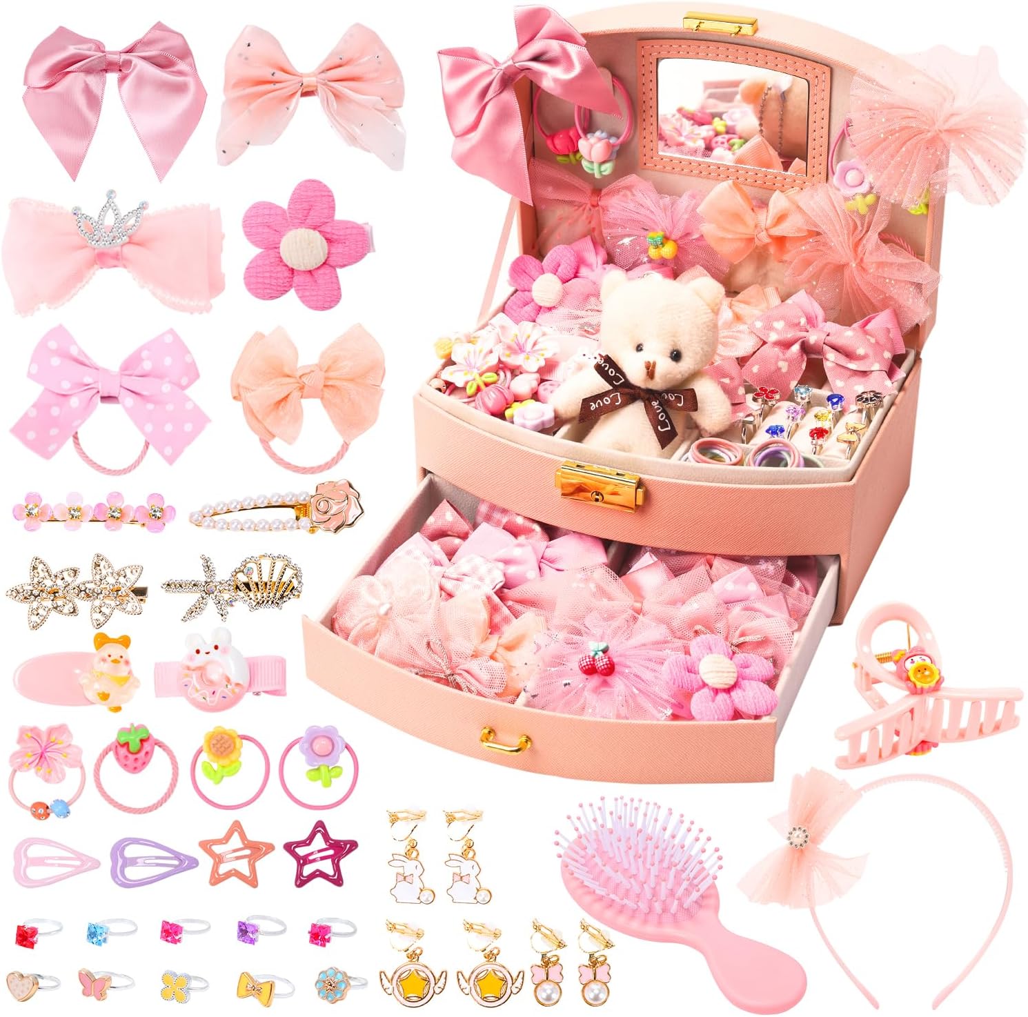 HOLYFUN jewelry box with hair accessories front view pink two tiered organizer