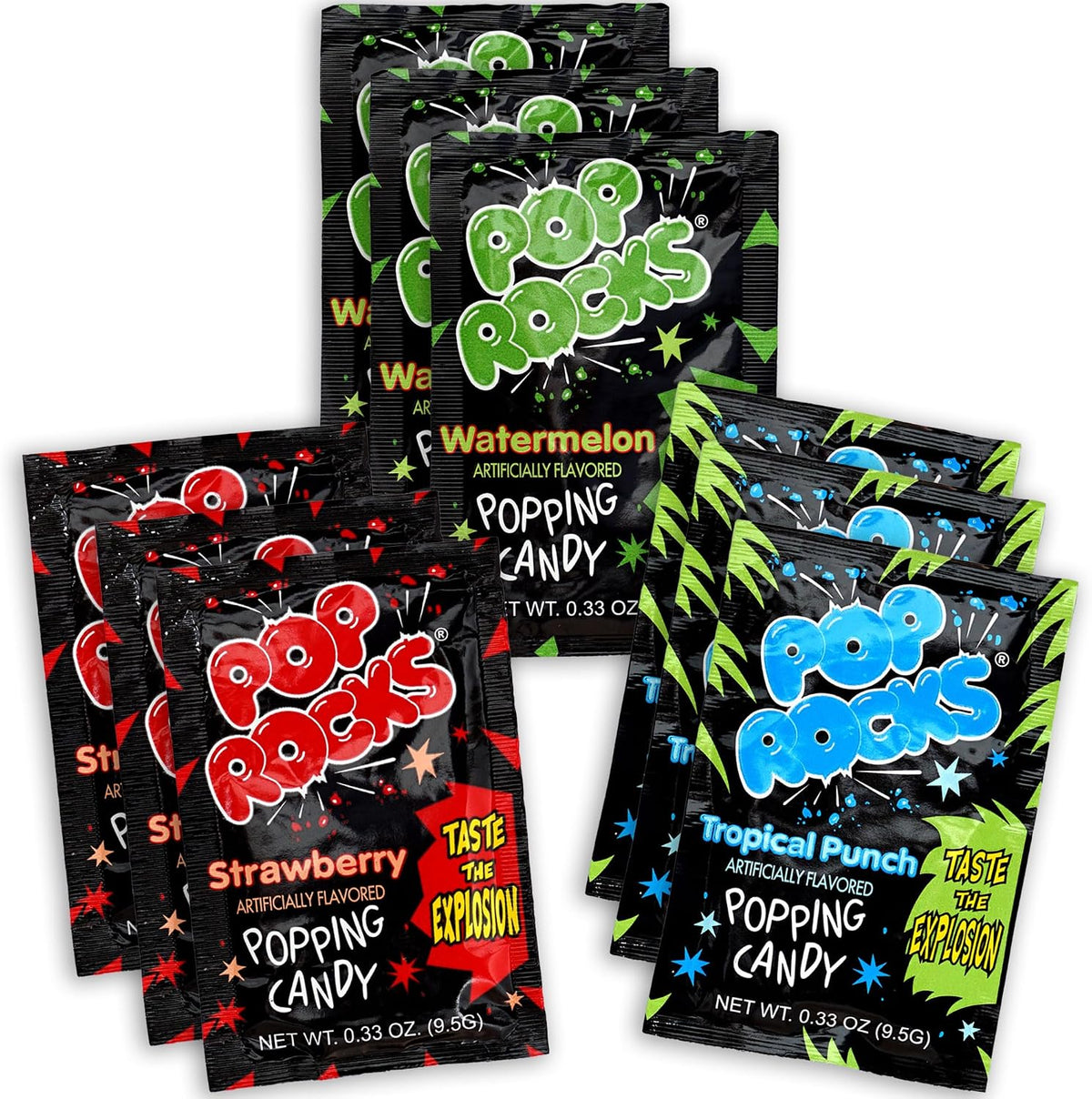 Three pack assortment of imported popping candy flavors arranged together