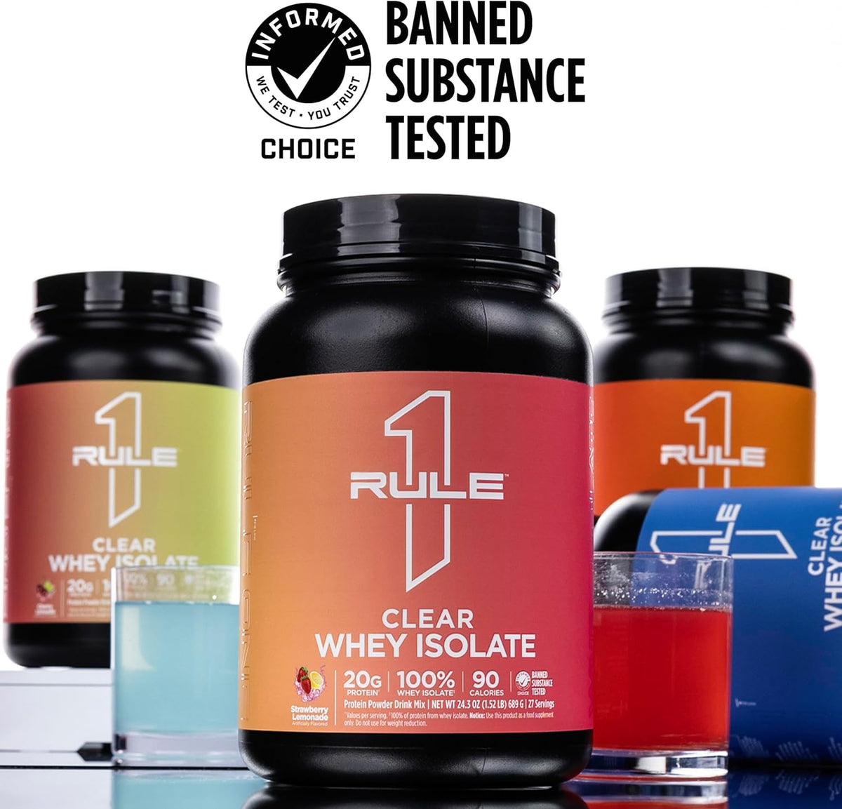 Rule 1 clear whey isolate bottle highlighting zero sugar and calorie count