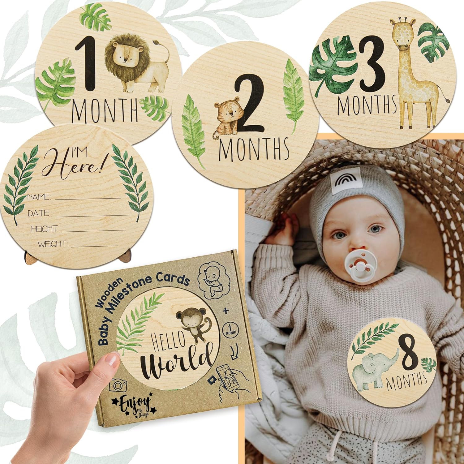 EnjoyMyDesign wooden baby monthly milestone cards front view featuring safari animal illustrations.