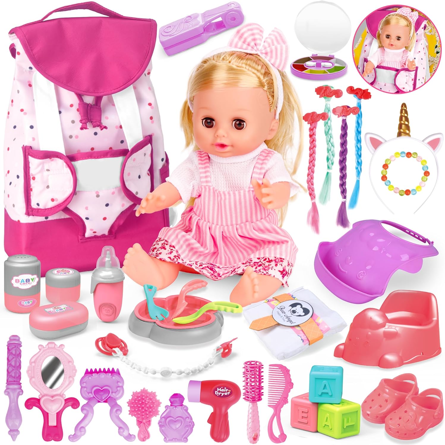 PROOU Baby Care Doll Set front view showing 14 inch doll and 36 piece styling accessories
