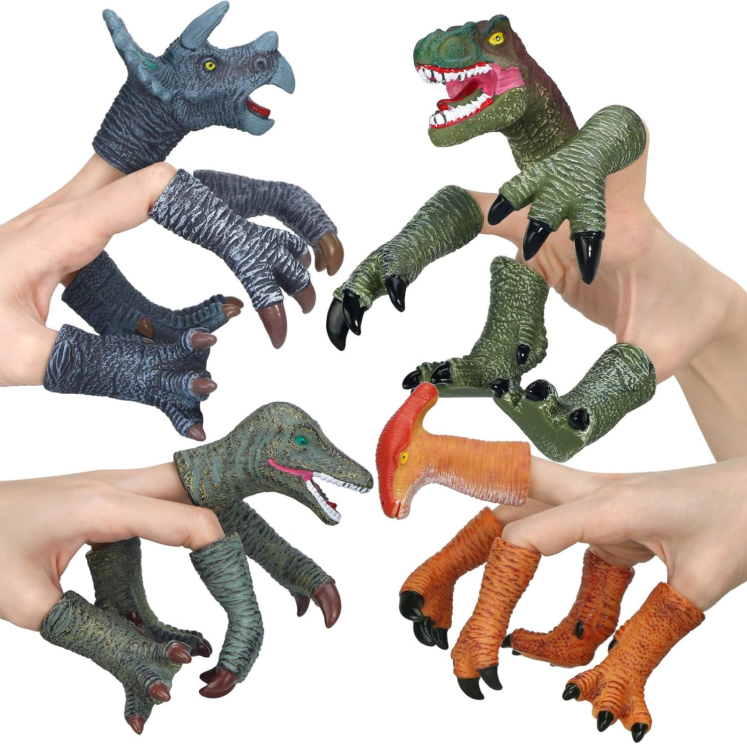COGO MAN rubber dinosaur finger puppets front view showing four distinct species