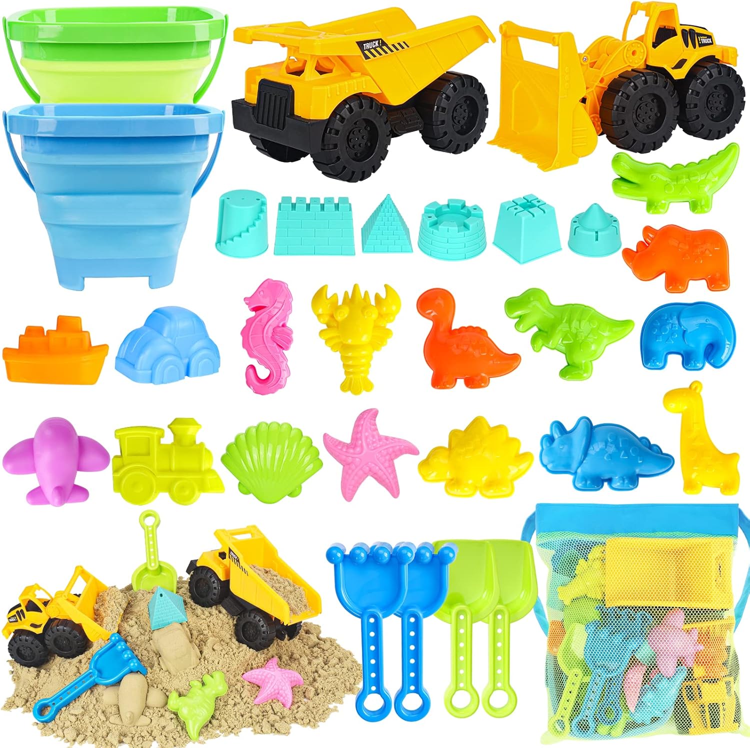 FHOZGECY 31-piece beach toy set with construction trucks