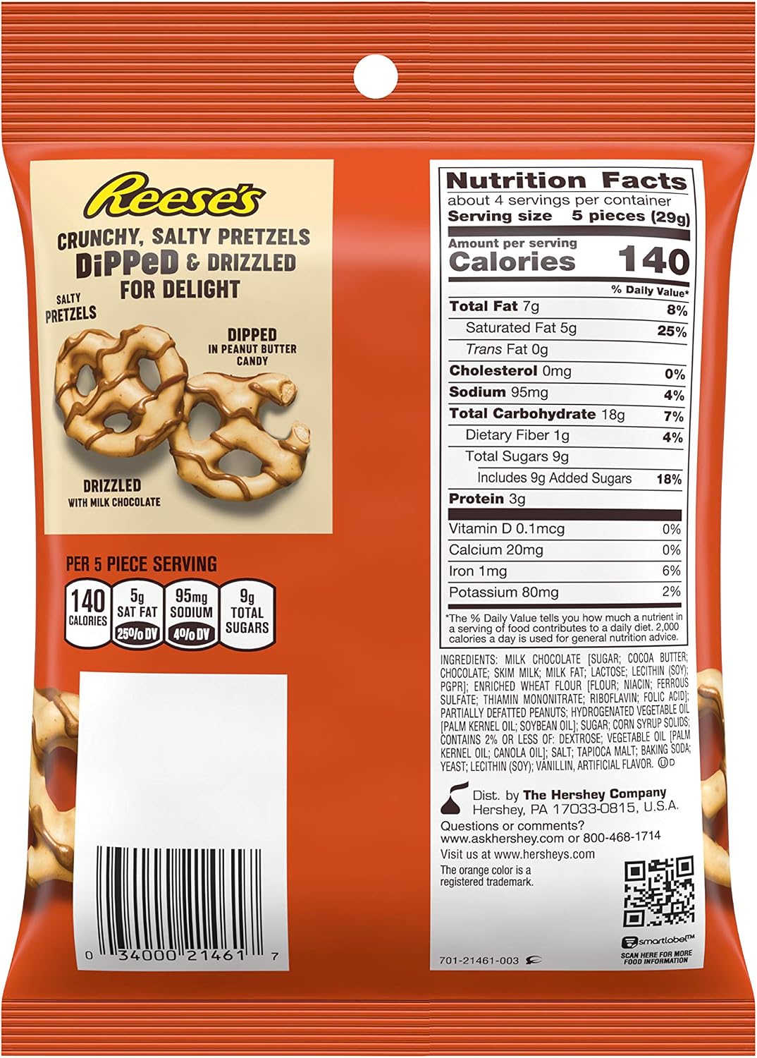 Close up of Reese's peanut butter and chocolate covered pretzels