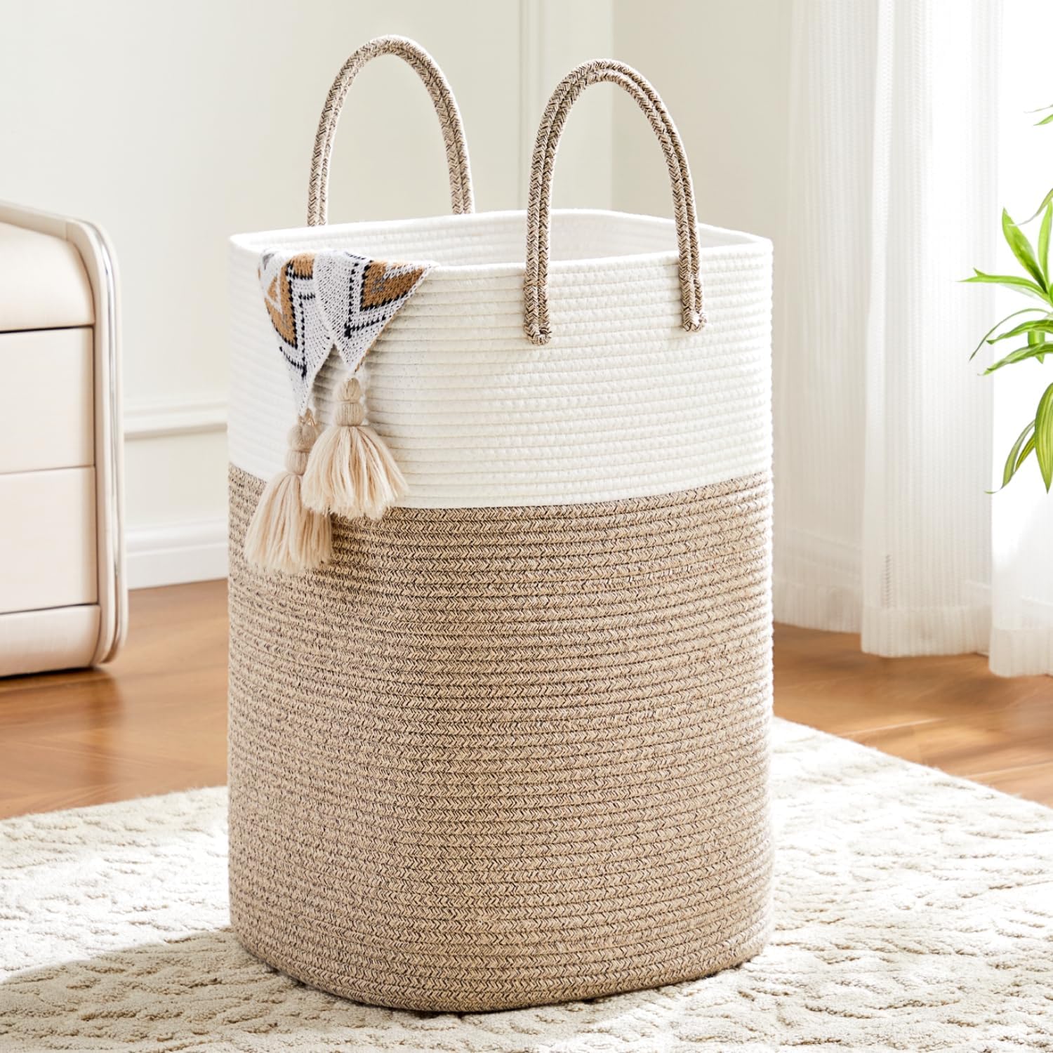 Artfeel Woven Cotton Rope Laundry Hamper 60L Brown front view