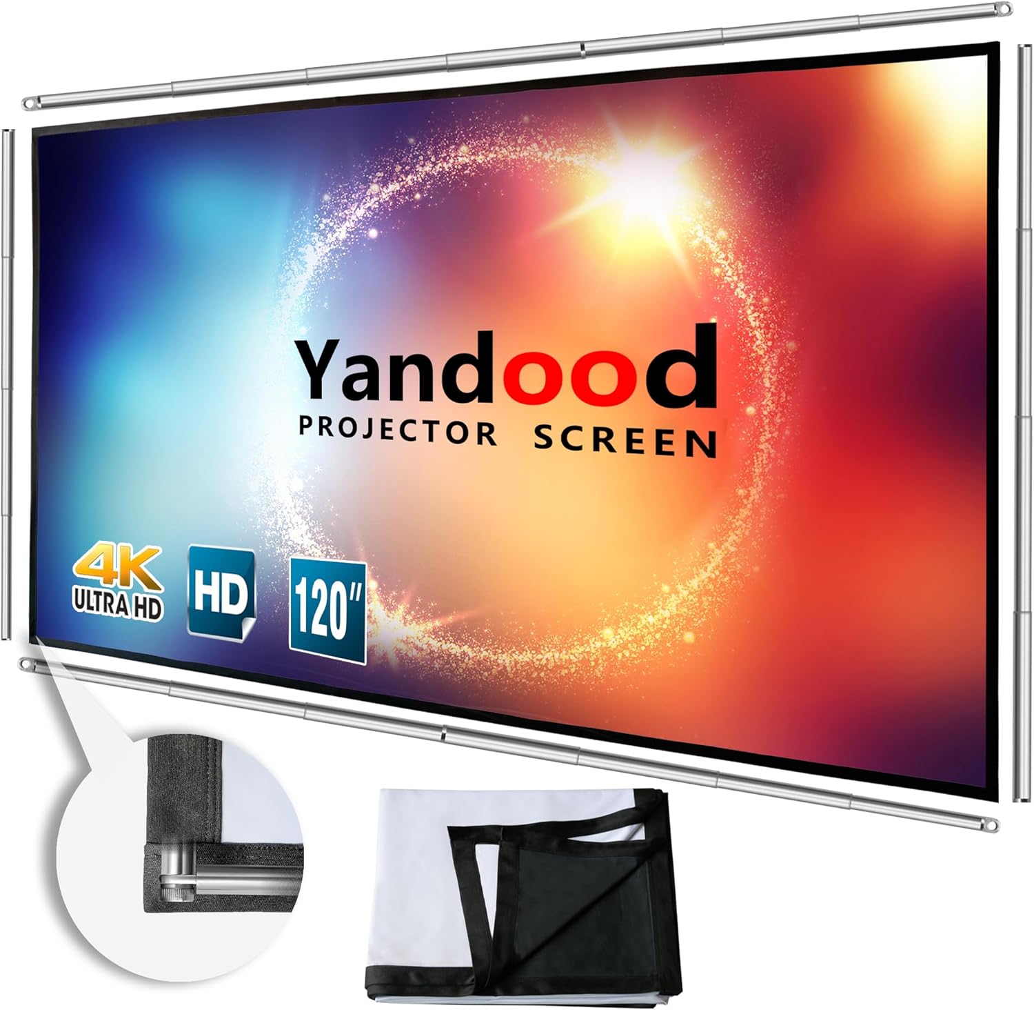 Yandood Portable Projector Screen 120 Inches front view displaying a high contrast movie setup