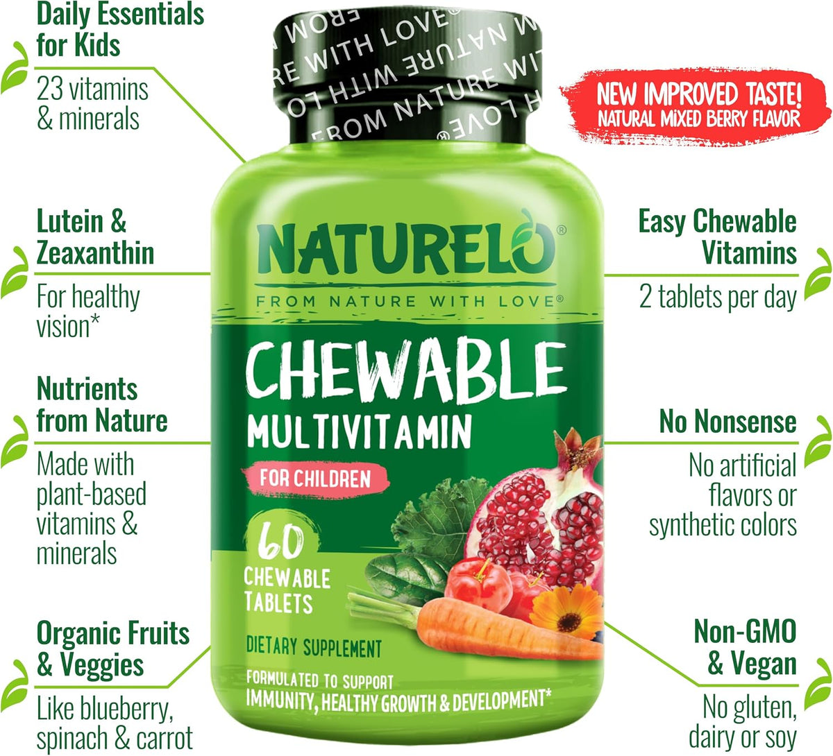 Side-by-side display of Naturelo teen capsules and kids chewable tablets for daily wellness