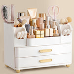 HBlife makeup organizer front view displaying white and gold double drawers and top open cosmetic storage.