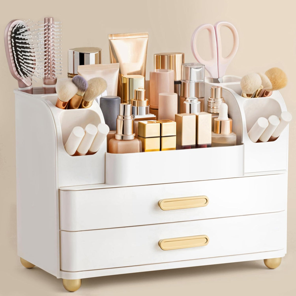 HBlife makeup organizer front view displaying white and gold double drawers and top open cosmetic storage.