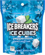 Resealable packaging of ICE BREAKERS 100 pieces peppermint gum showing product details